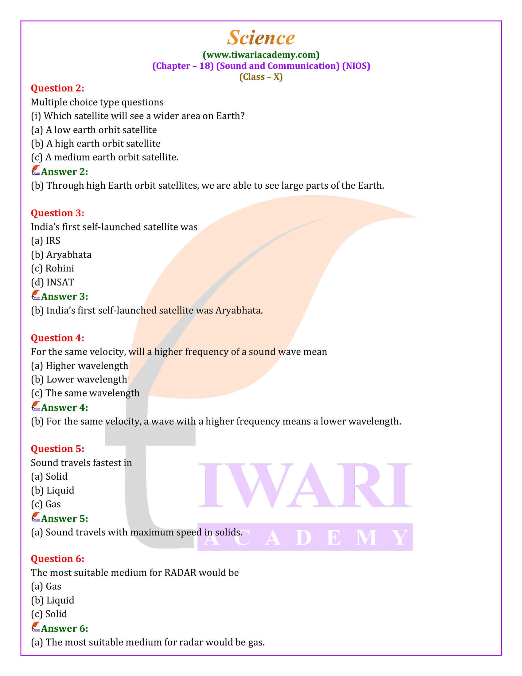 NIOS Class 10 Science Chapter 18 Question Answers