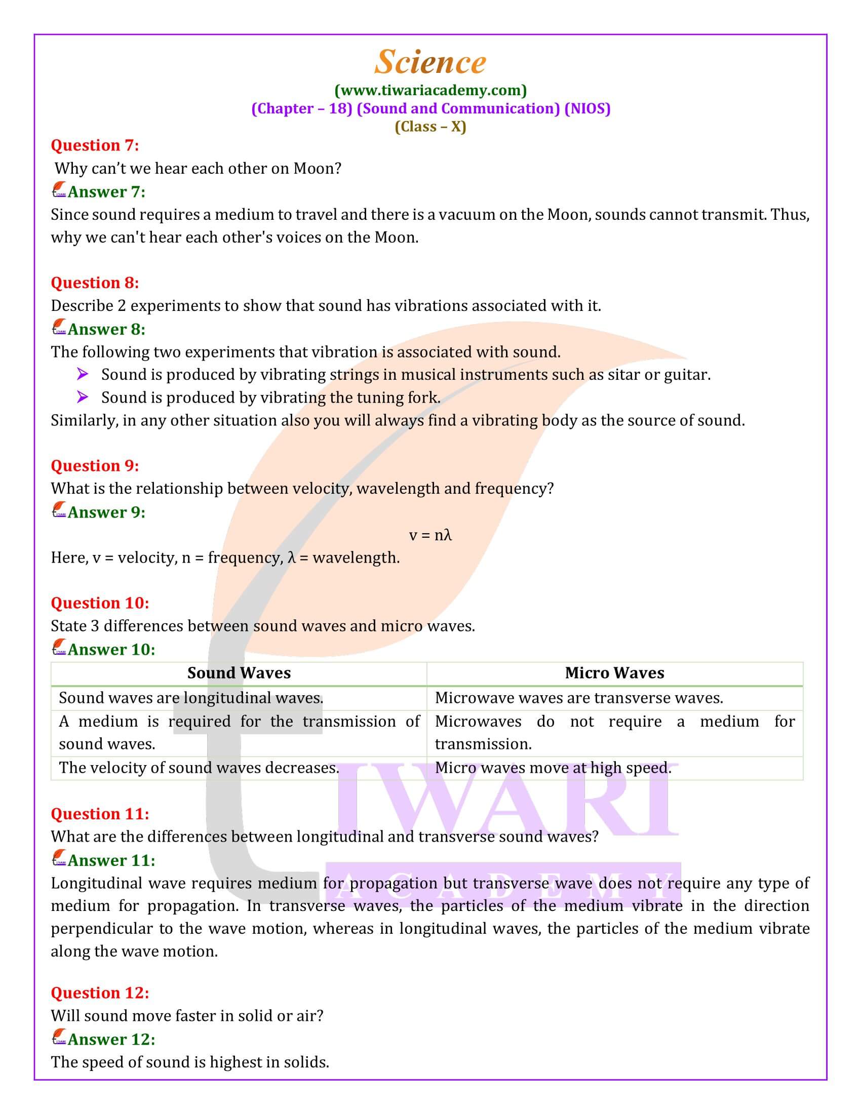 NIOS Class 10 Science Chapter 18 Exercise Solution