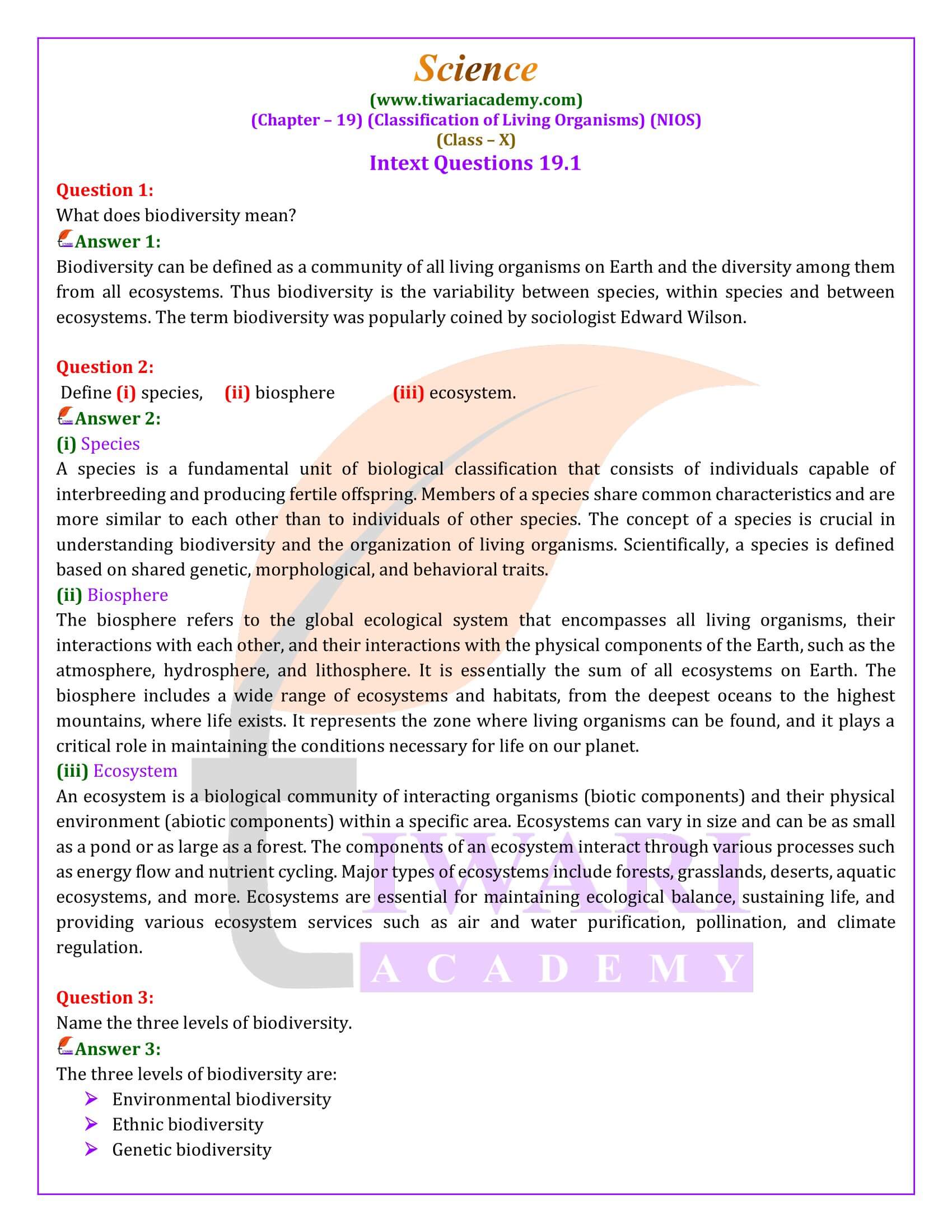 NIOS Class 10 Science Chapter 19 Classification of Living Organisms Solutions
