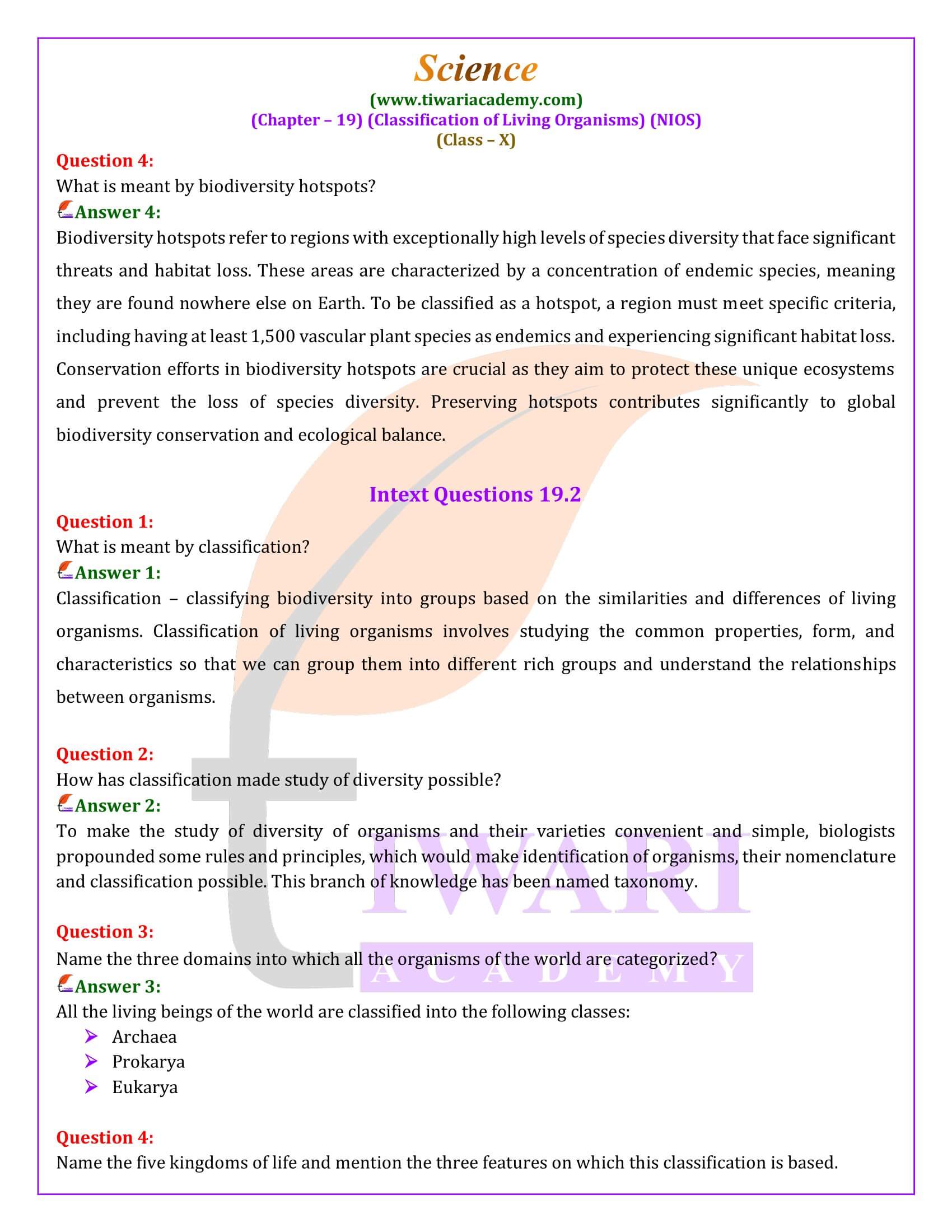 NIOS Class 10 Science Chapter 19 Classification of Living Organisms Answers