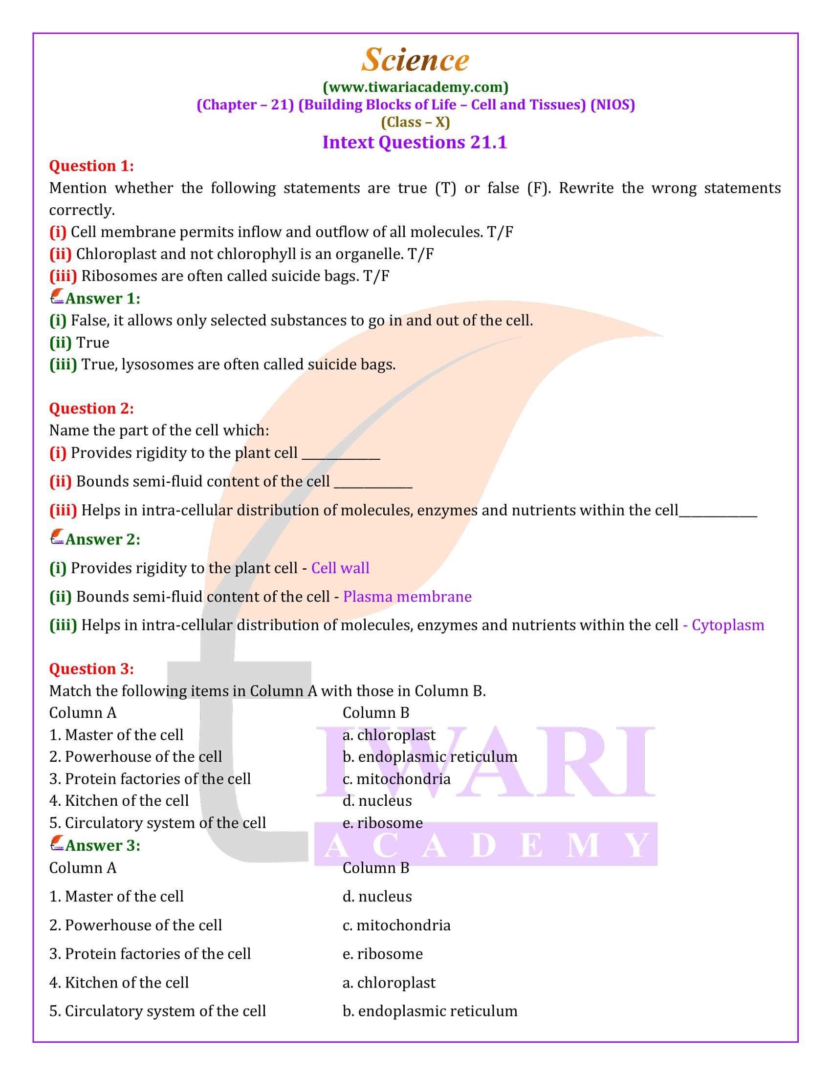 NIOS Class 10 Science Chapter 21 Building Blocks of Life