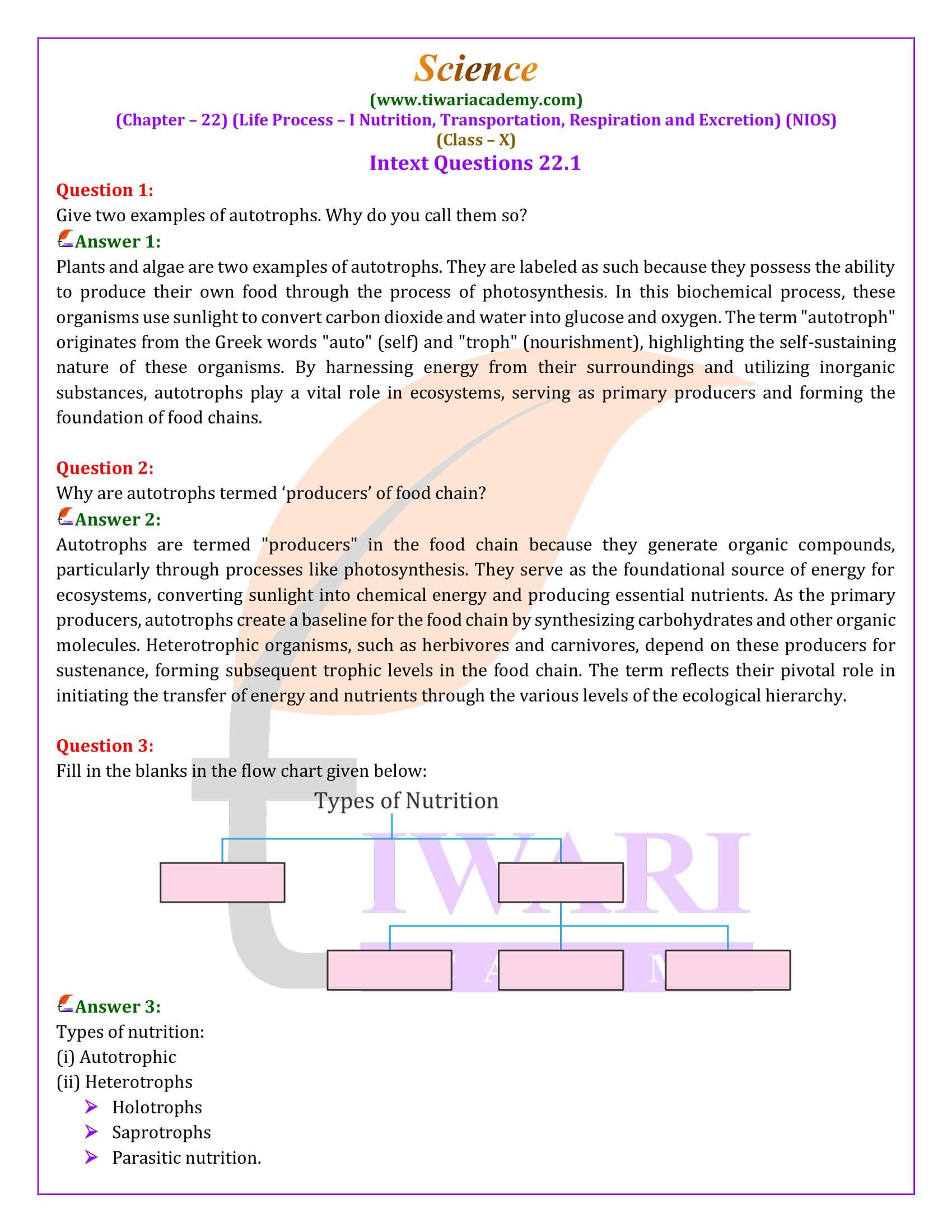 NIOS Class 10 Science Chapter 22 Life Process I: Nutrition, Transportation, Respiration