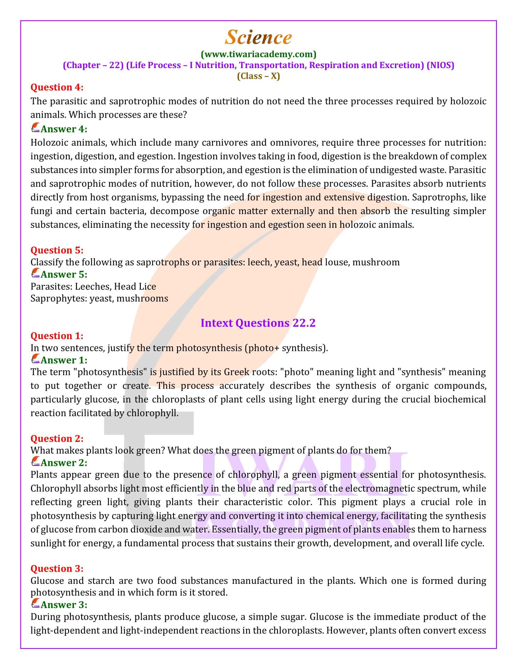 NIOS Class 10 Science Chapter 22 Life Process I