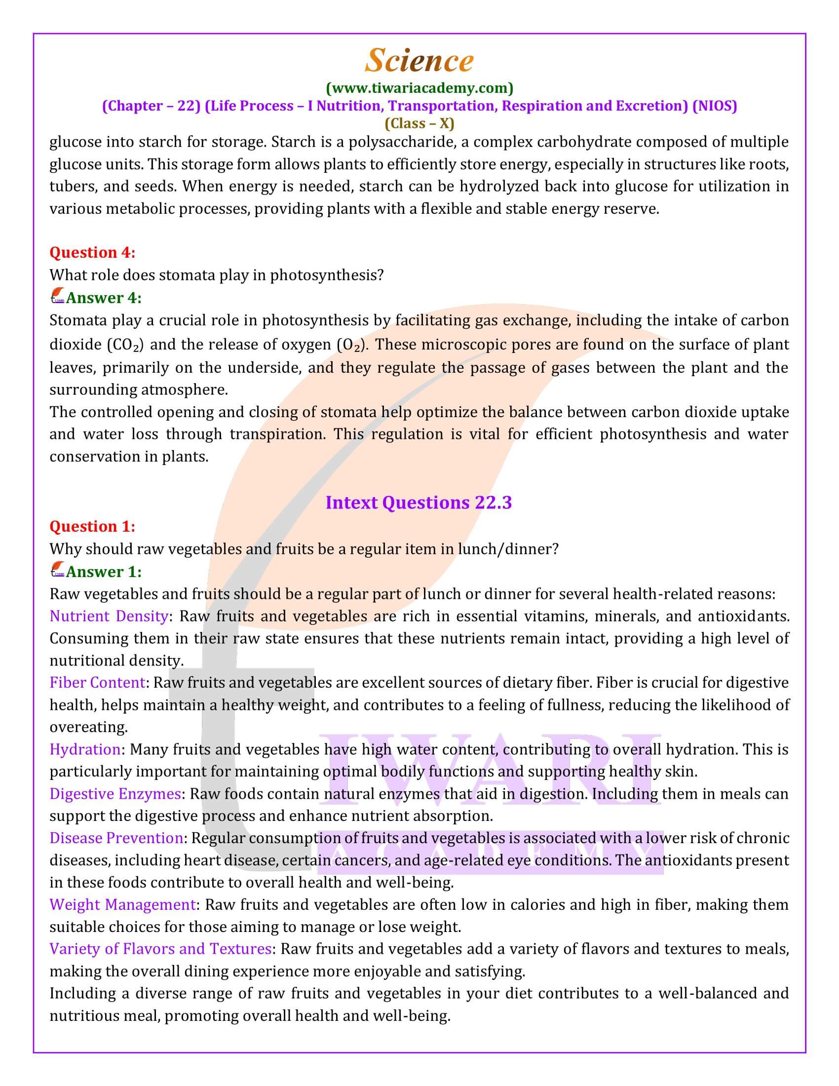 NIOS Class 10 Science Chapter 22 Life Process