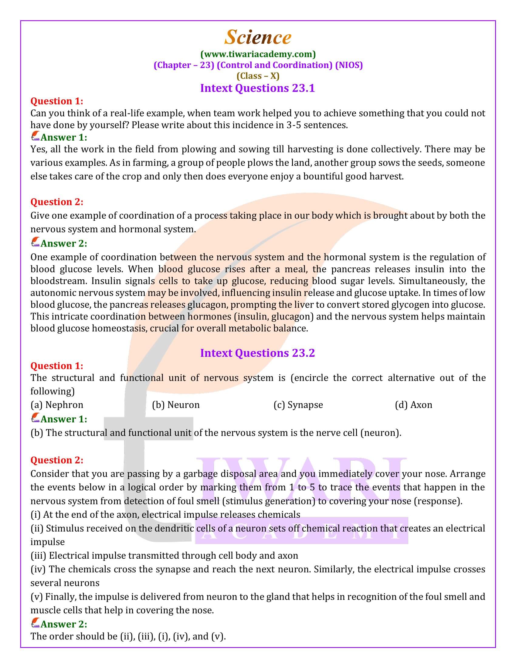 NIOS Class 10 Science Chapter 23 Life Processes II