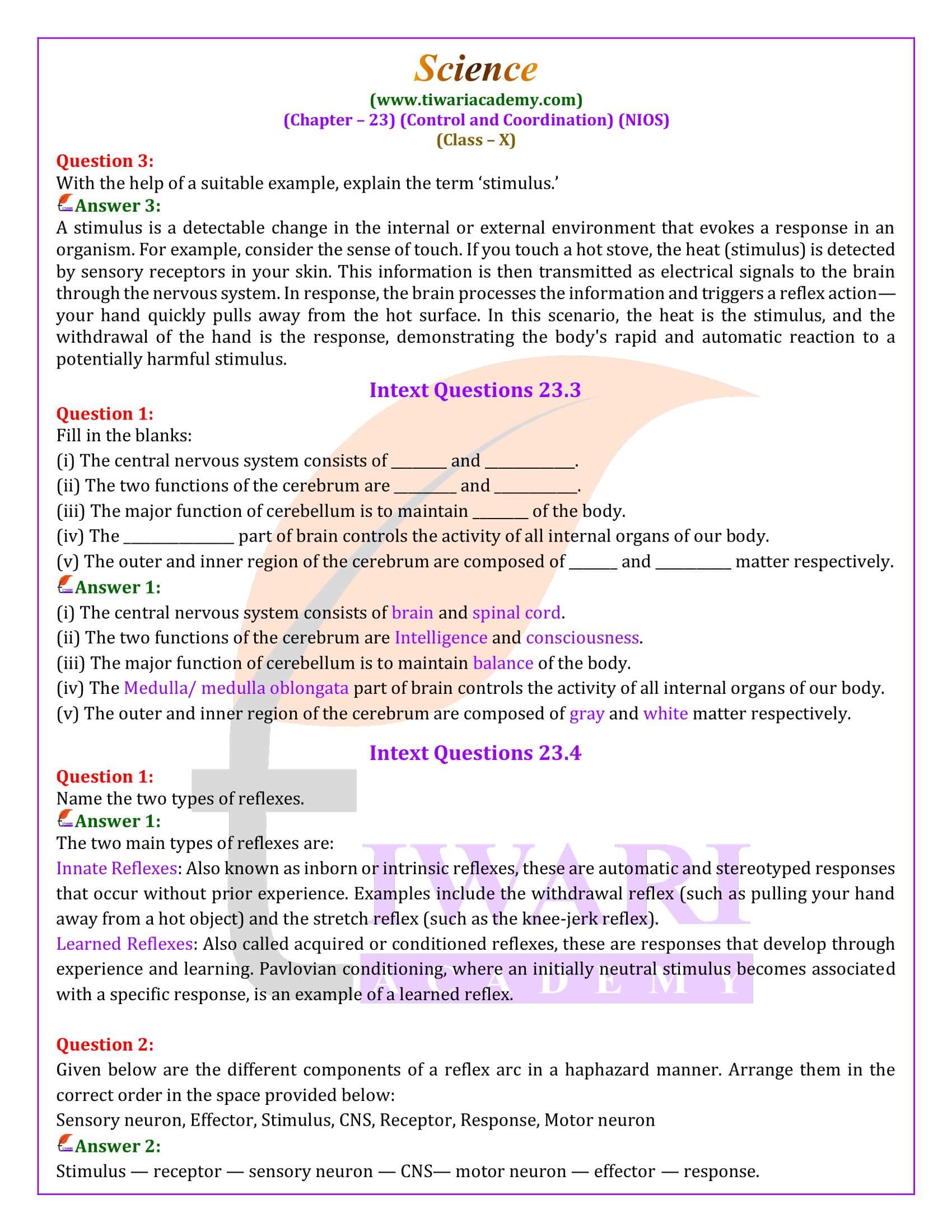 NIOS Class 10 Science Chapter 23 Control and Coordination