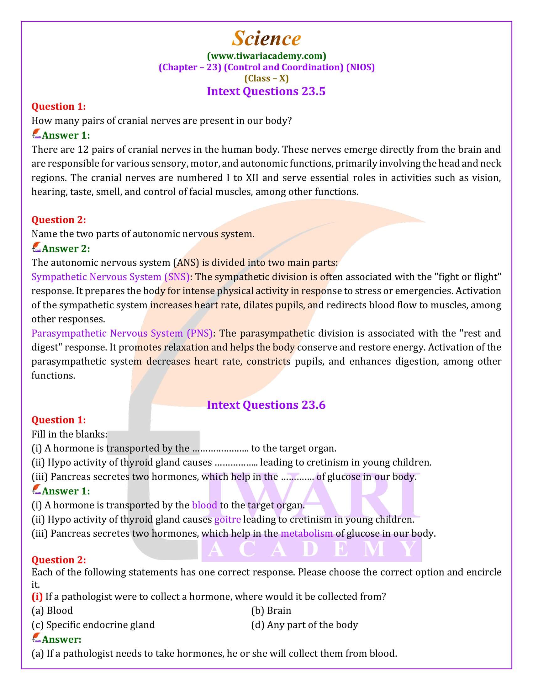 NIOS Class 10 Science Chapter 23 Exercises Solutions