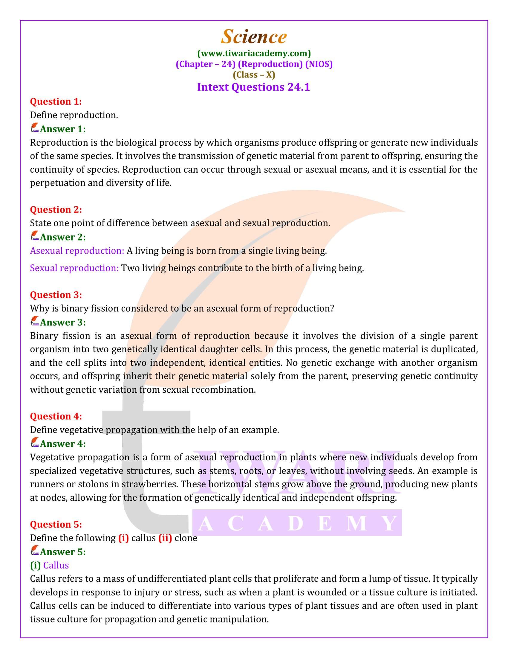 NIOS Class 10 Science Chapter 24 Life Processes III: Reproduction Answers