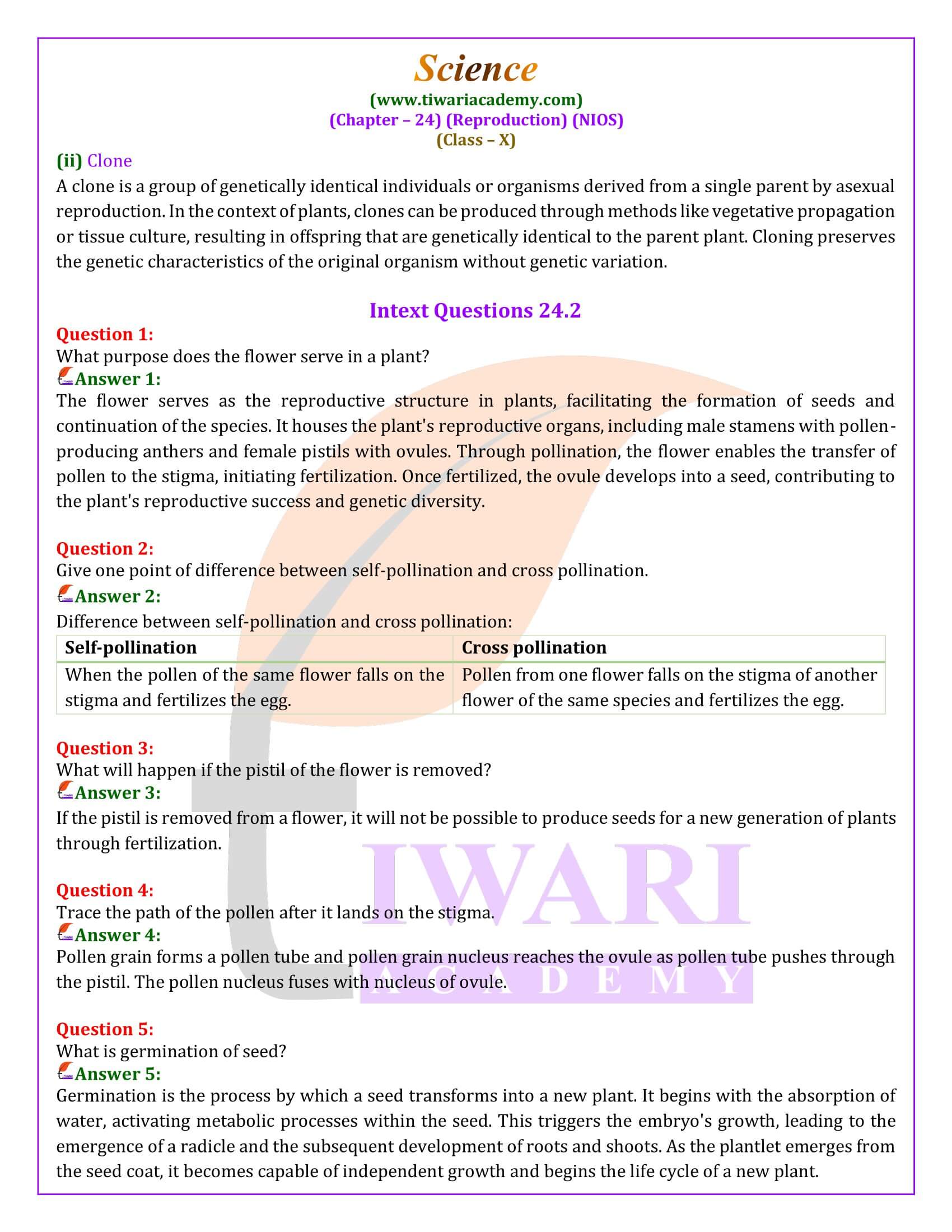 NIOS Class 10 Science Chapter 24 Life Processes III: Reproduction Question Answers