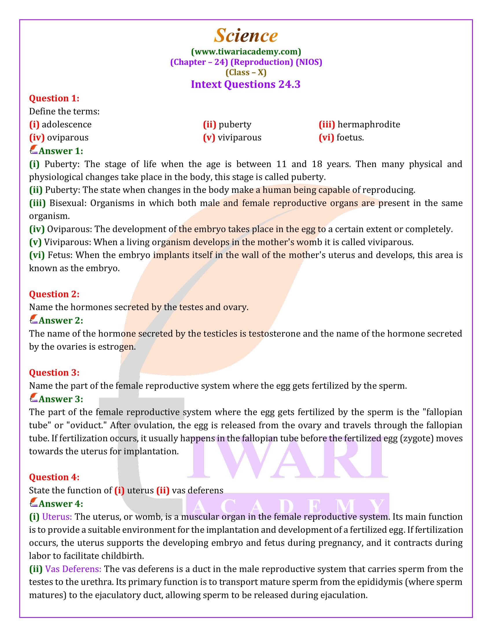 NIOS Class 10 Science Chapter 24 Life Processes III: Reproduction Solutions