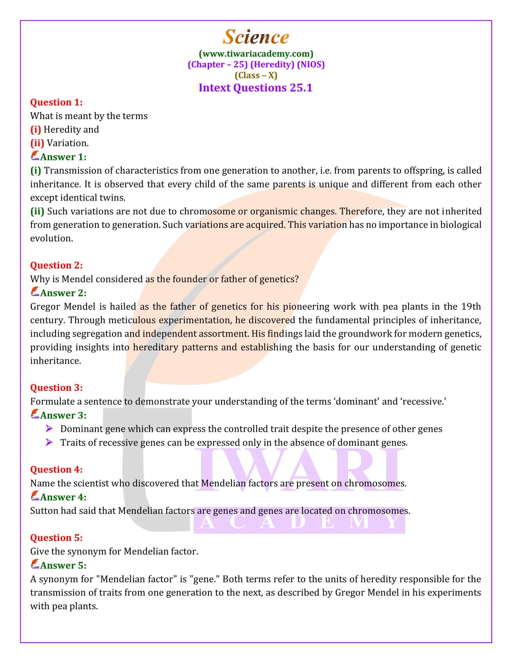 NIOS Class 10 Science Chapter 25 Heredity Question Answers