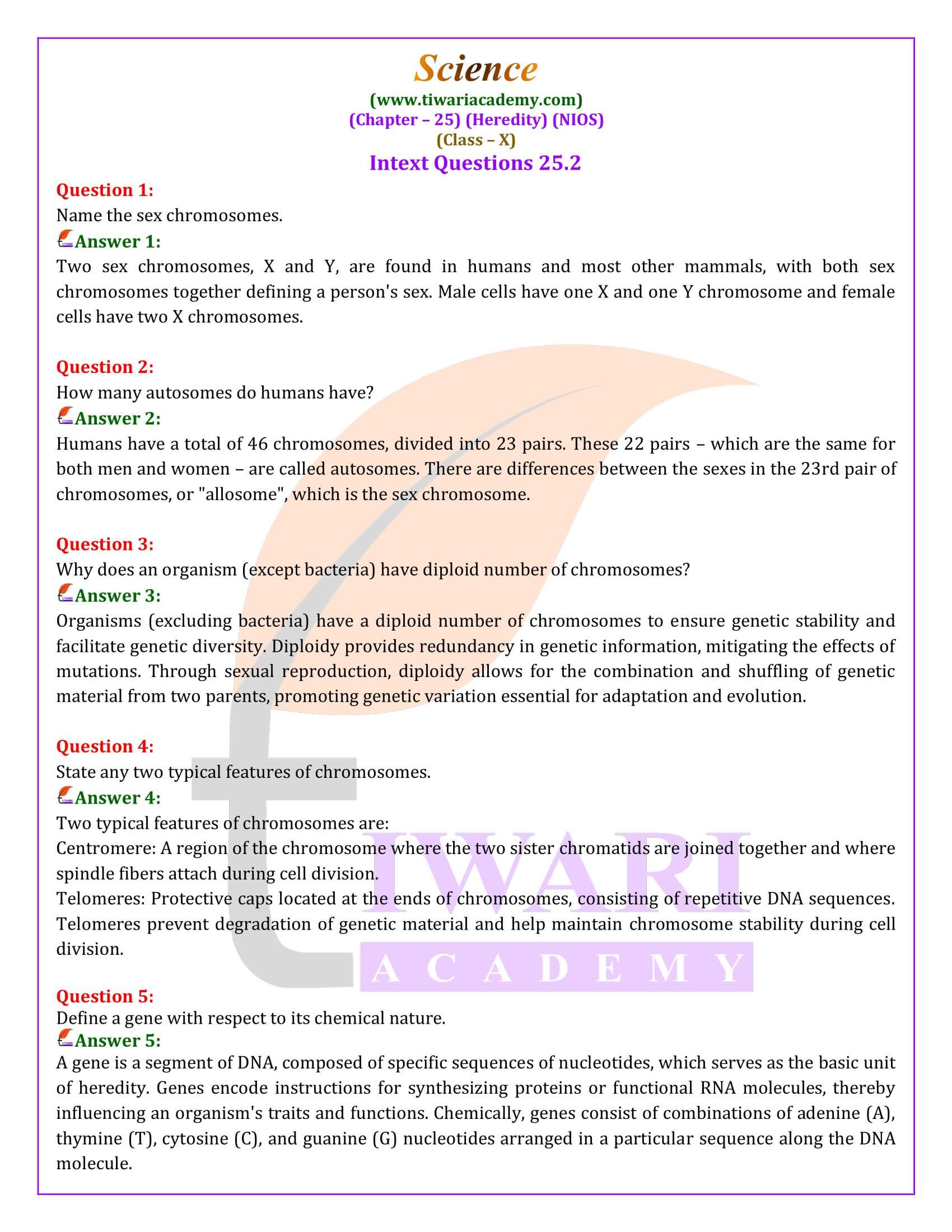 NIOS Class 10 Science Chapter 25 Heredity Solutions