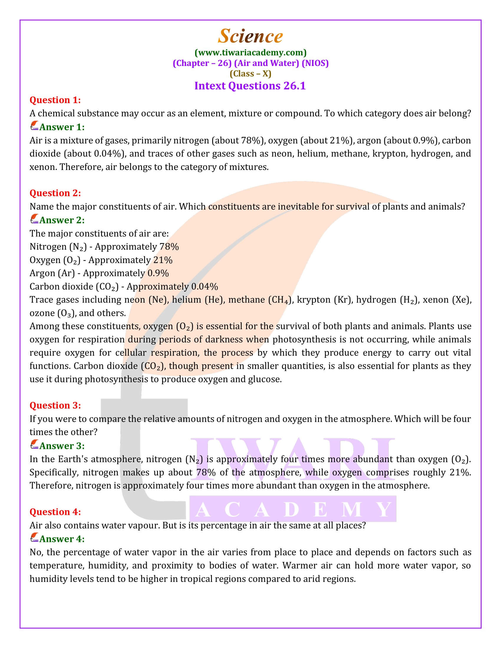 NIOS Class 10 Science Chapter 26 Air and Water Answers