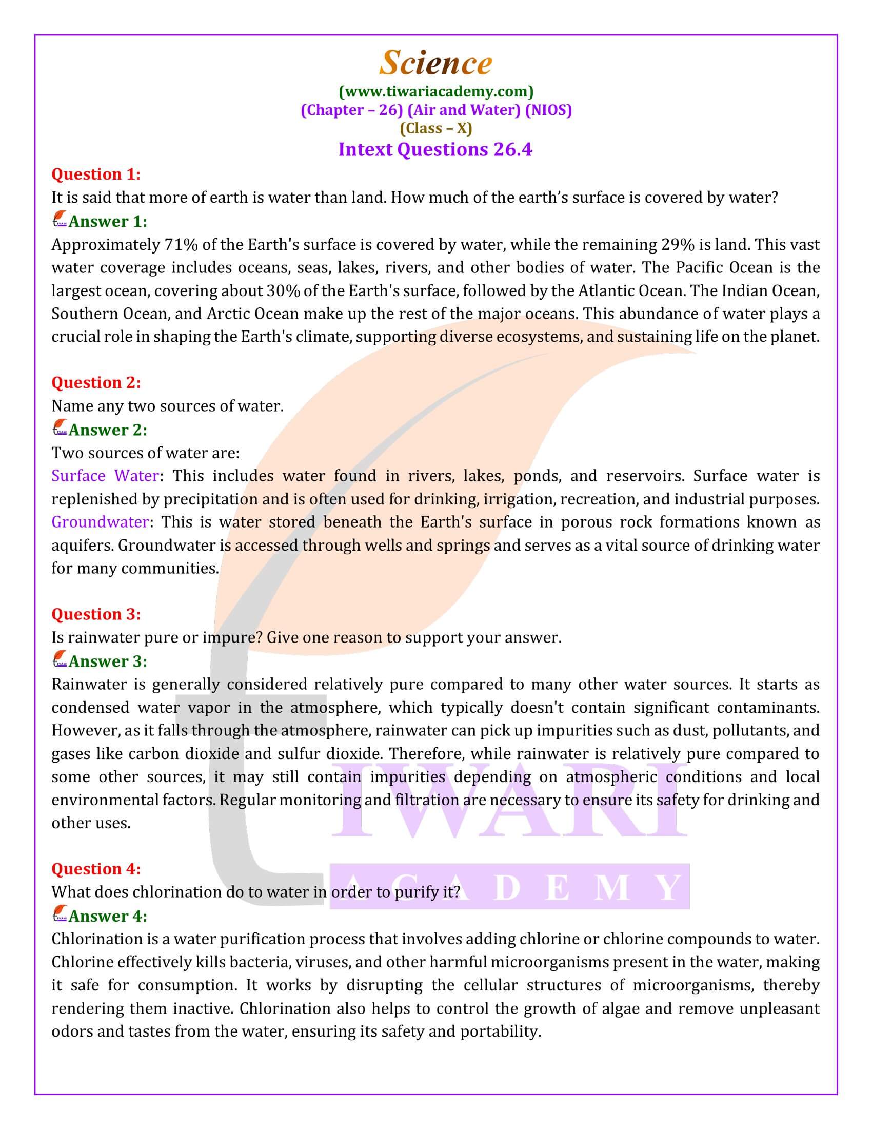 NIOS Class 10 Science Chapter 26 Air and Water Solutions