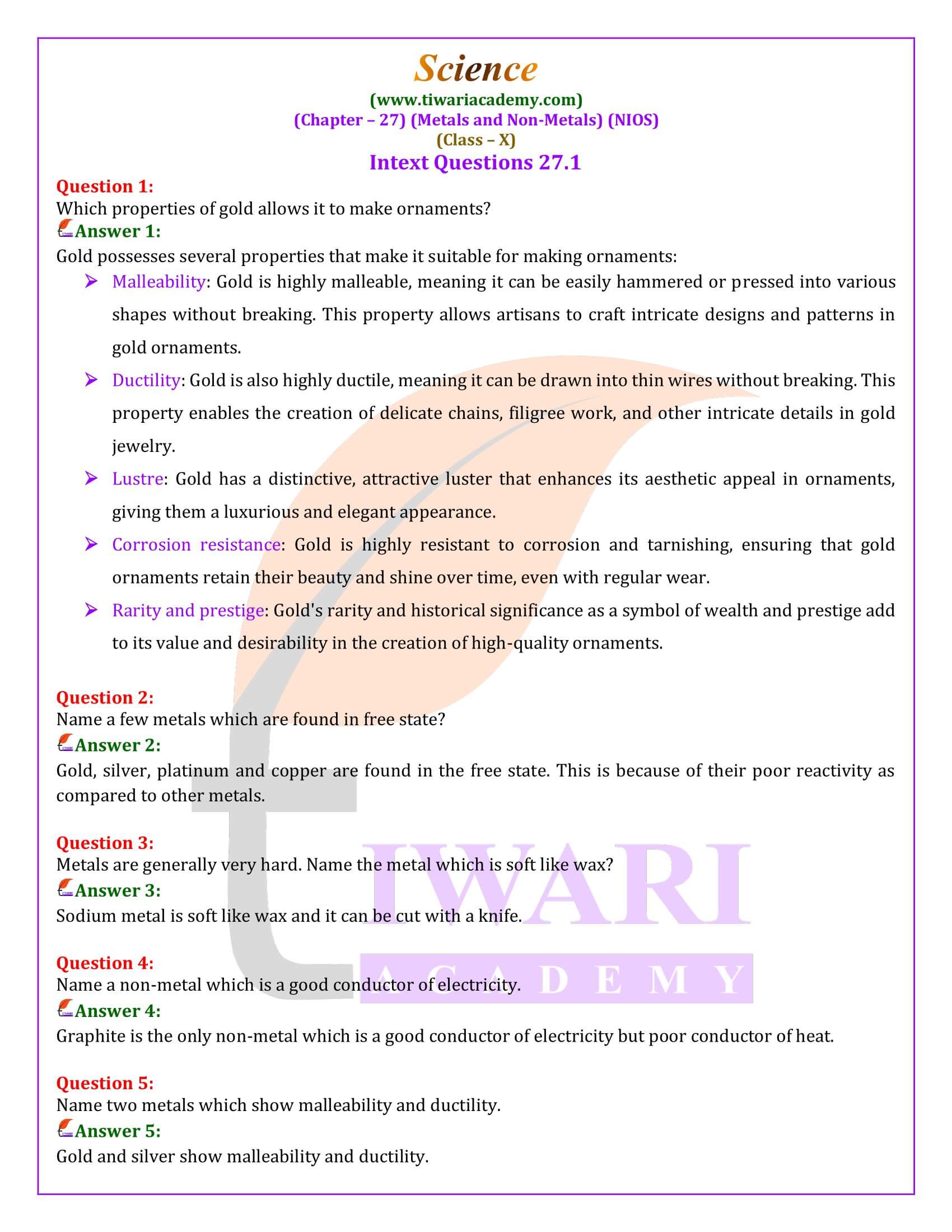 NIOS Class 10 Science Chapter 27 Metals and Non-metals Guide