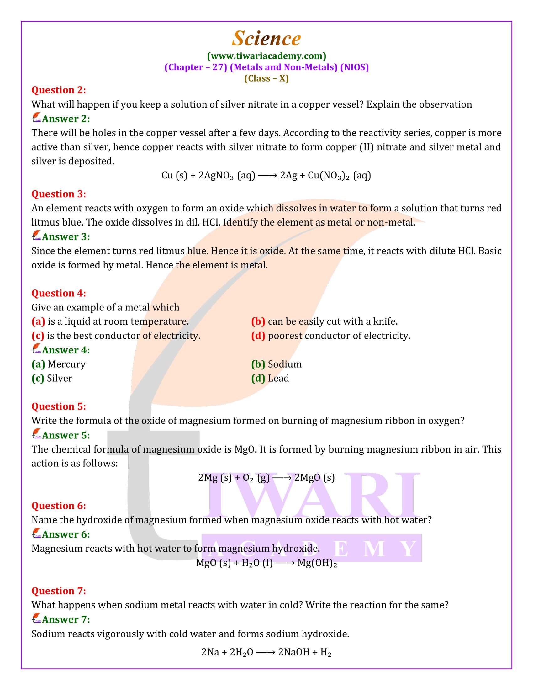 NIOS Class 10 Science Chapter 27 Answers