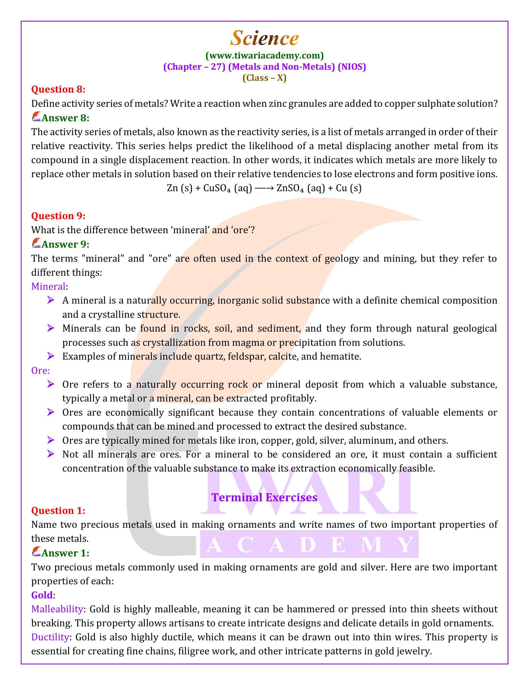 NIOS Class 10 Science Chapter 27 Question Answers