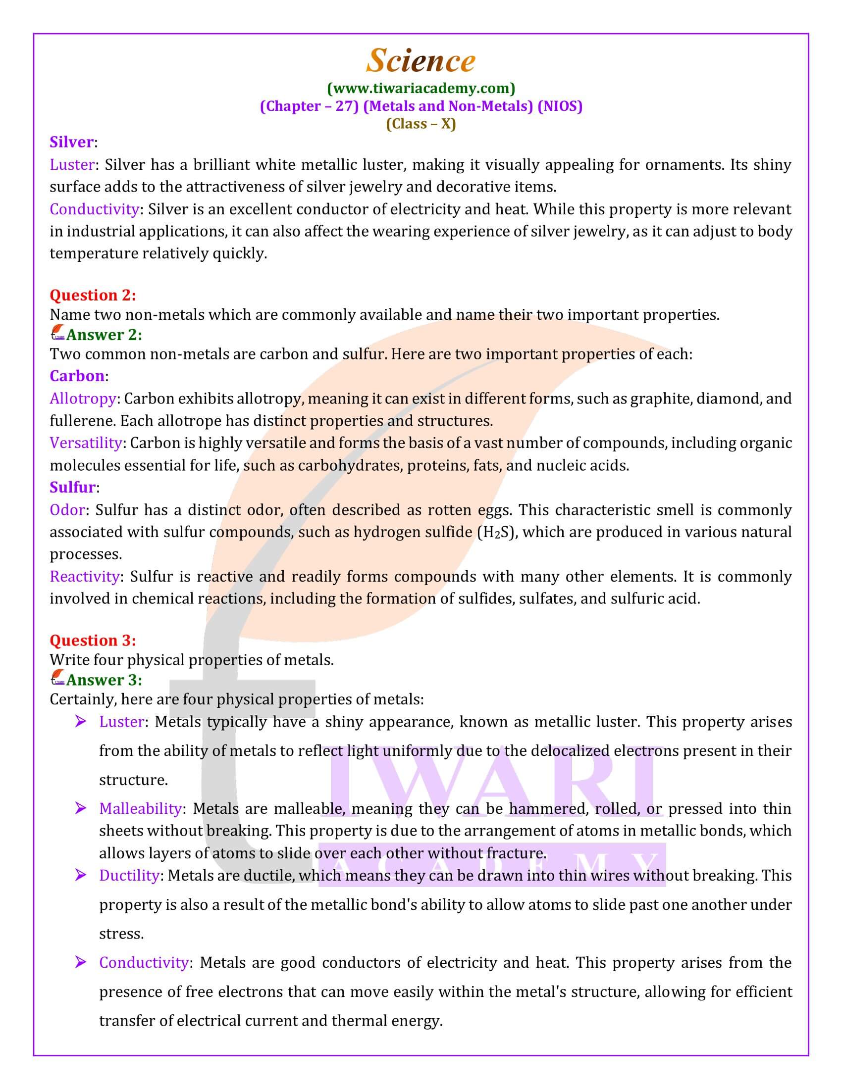 NIOS Class 10 Science Chapter 27 Solutions