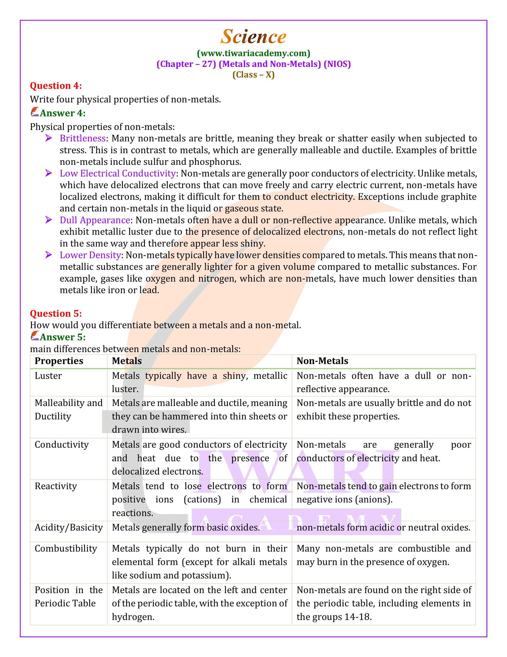 NIOS Class 10 Science Chapter 27 all Exercises