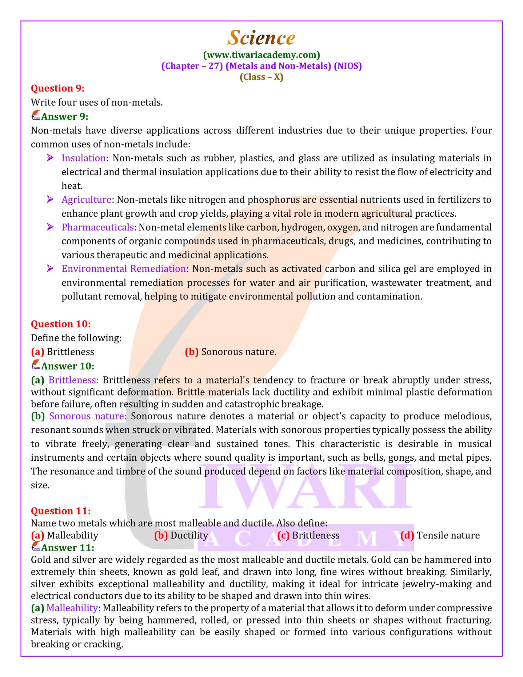 NIOS Class 10 Science Chapter 27 answer in English Medium