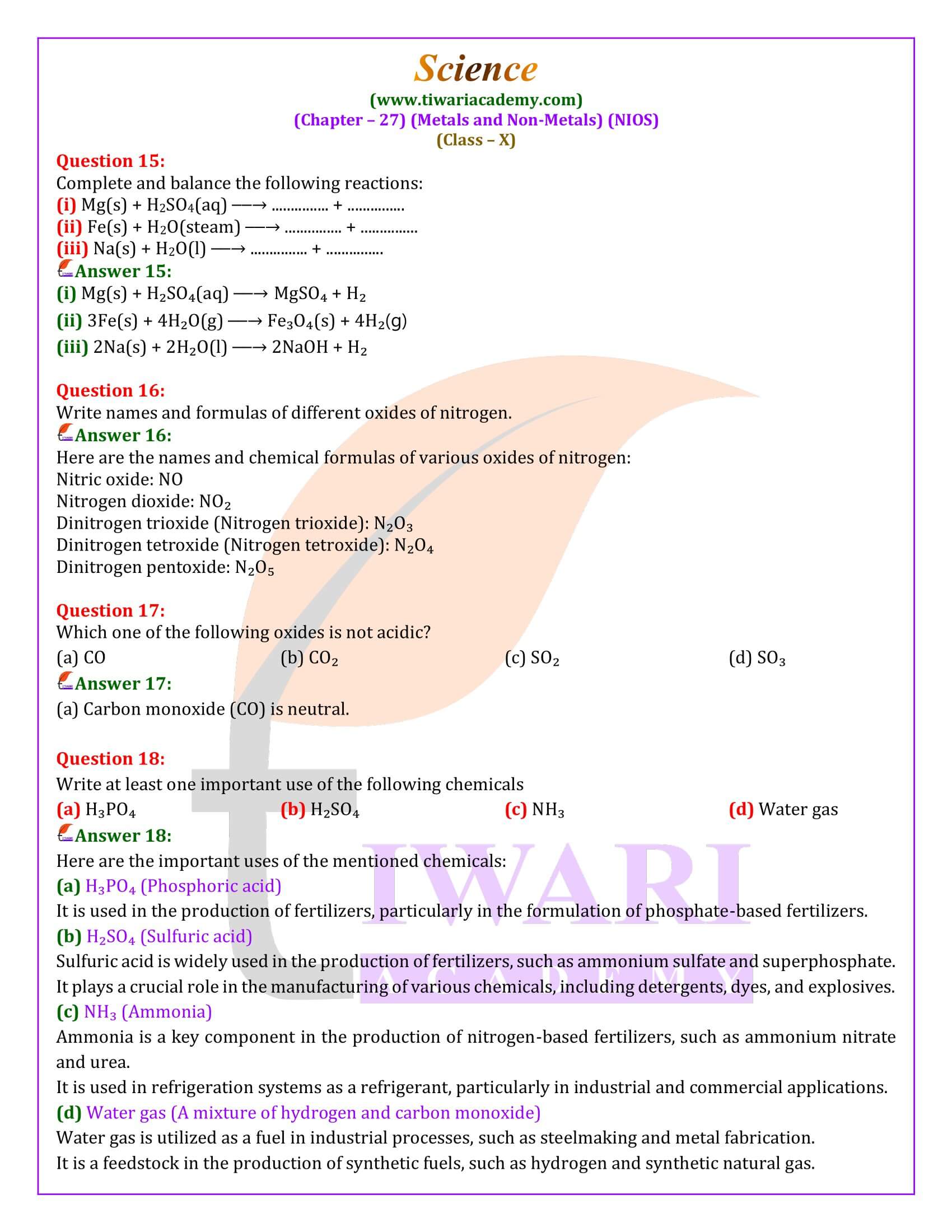 NIOS Class 10 Science Chapter 27 Exercises