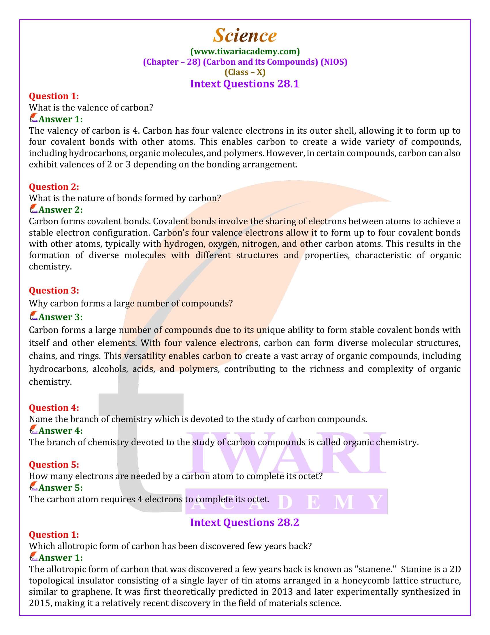 NIOS Class 10 Science Chapter 28 Carbon and its Compounds Solutions