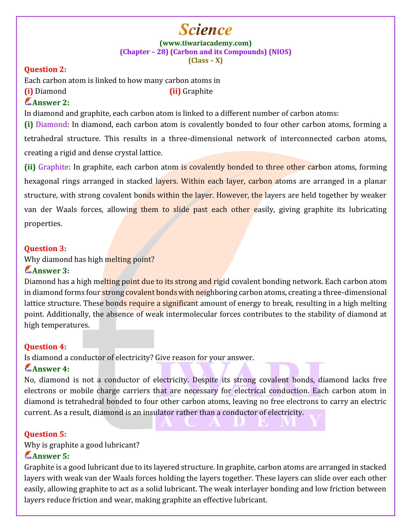 NIOS Class 10 Science Chapter 28 Carbon and its Compounds Question Answers