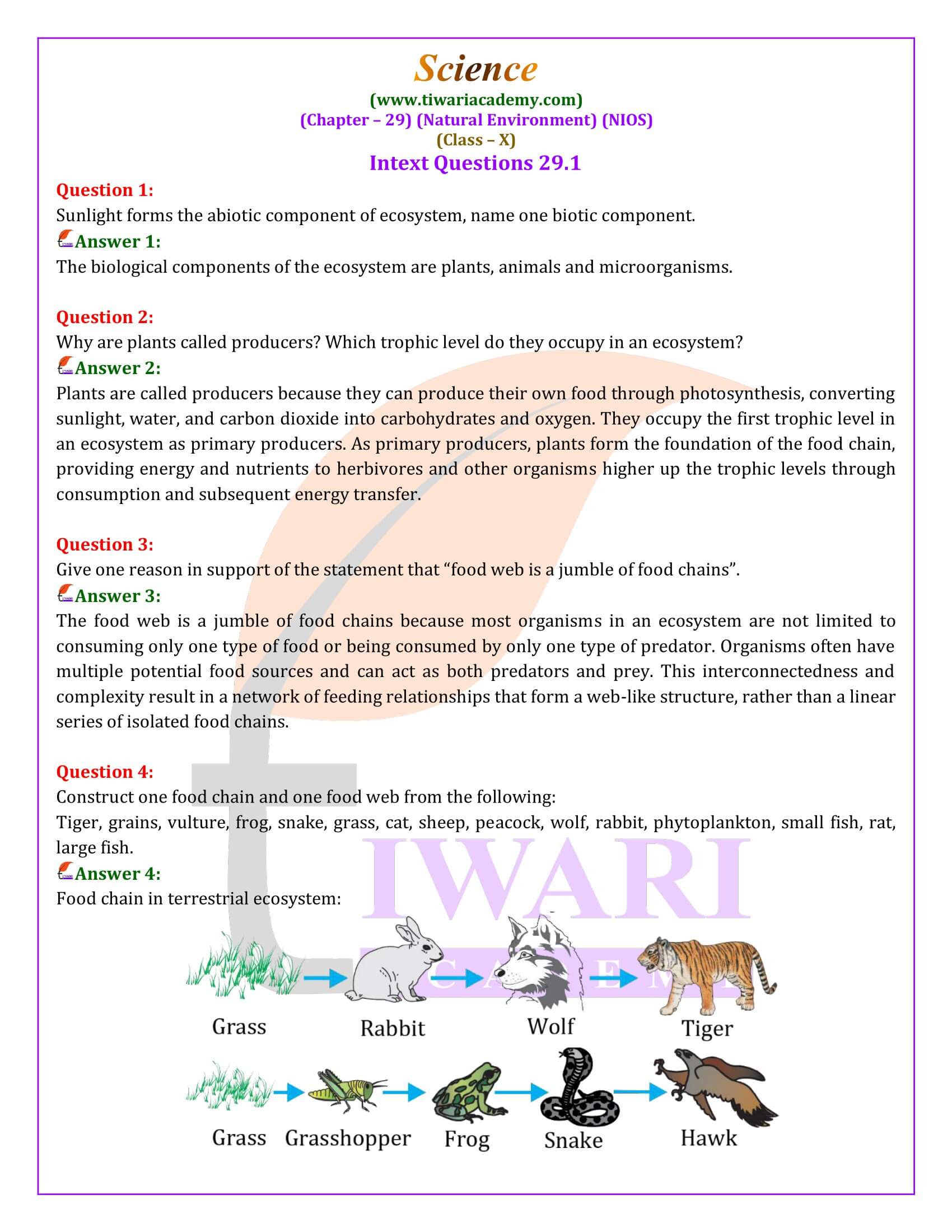 NIOS Class 10 Science Chapter 29 Natural Environment Question Answers