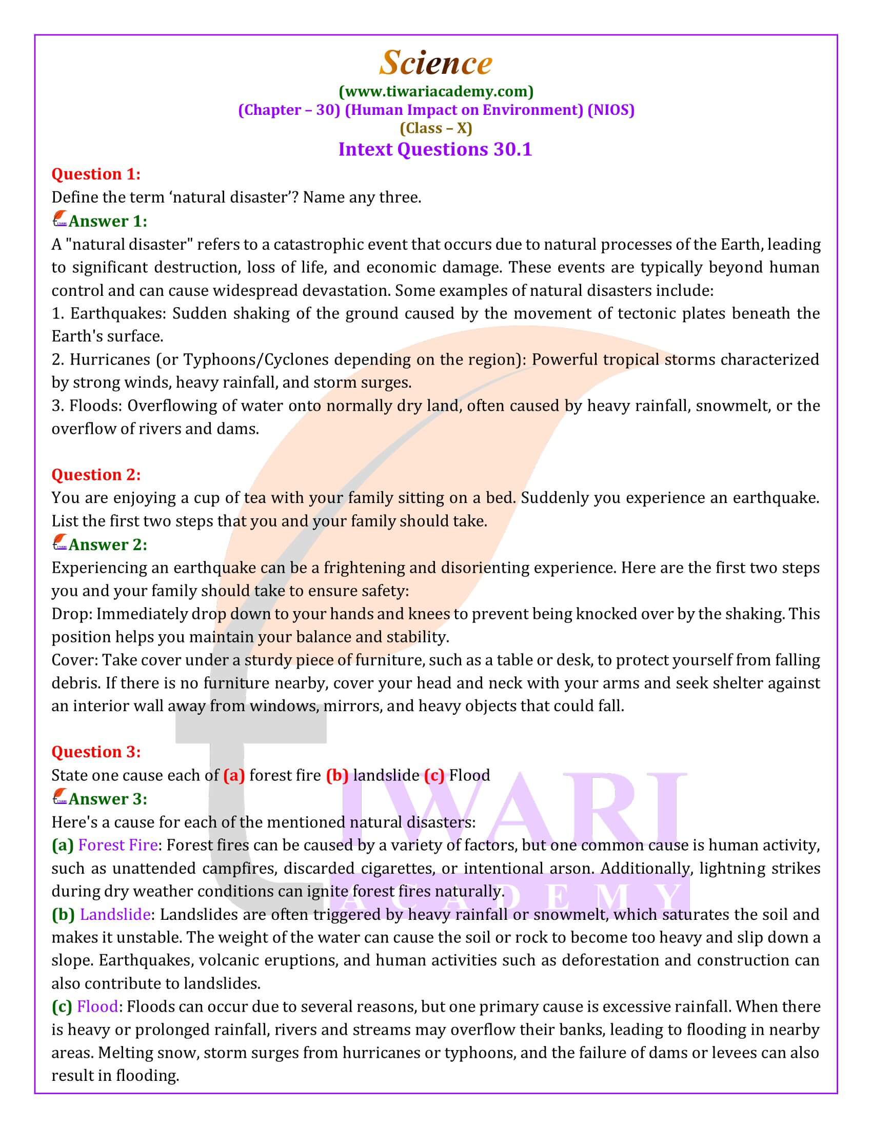 NIOS Class 10 Science Chapter 30 Human Impact on Environment Answers