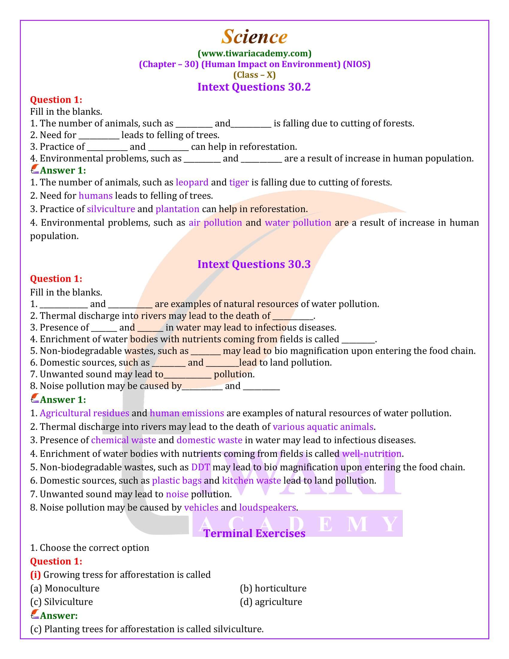 NIOS Class 10 Science Chapter 30 Exercises Answers