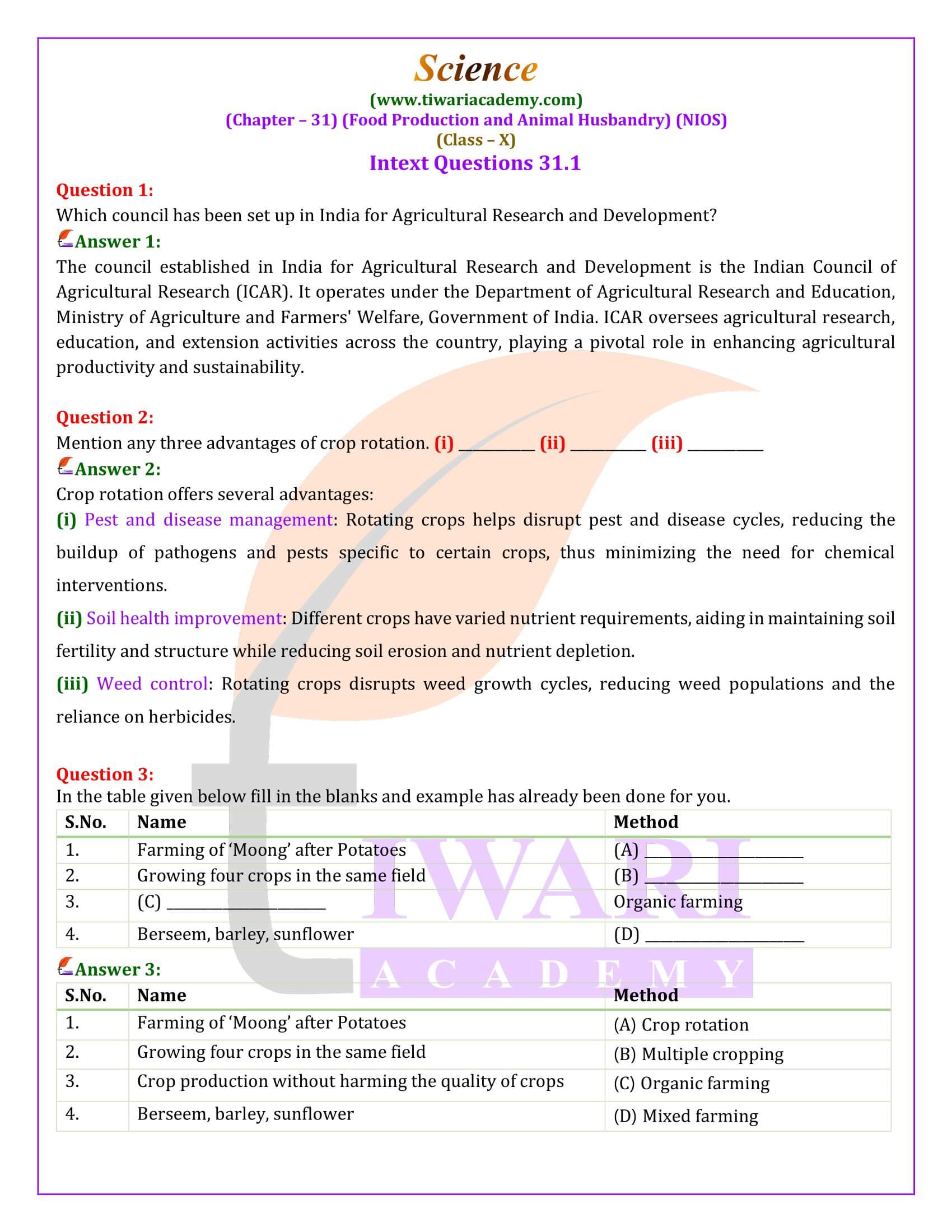 NIOS Class 10 Science Chapter 31 Food Production Answers