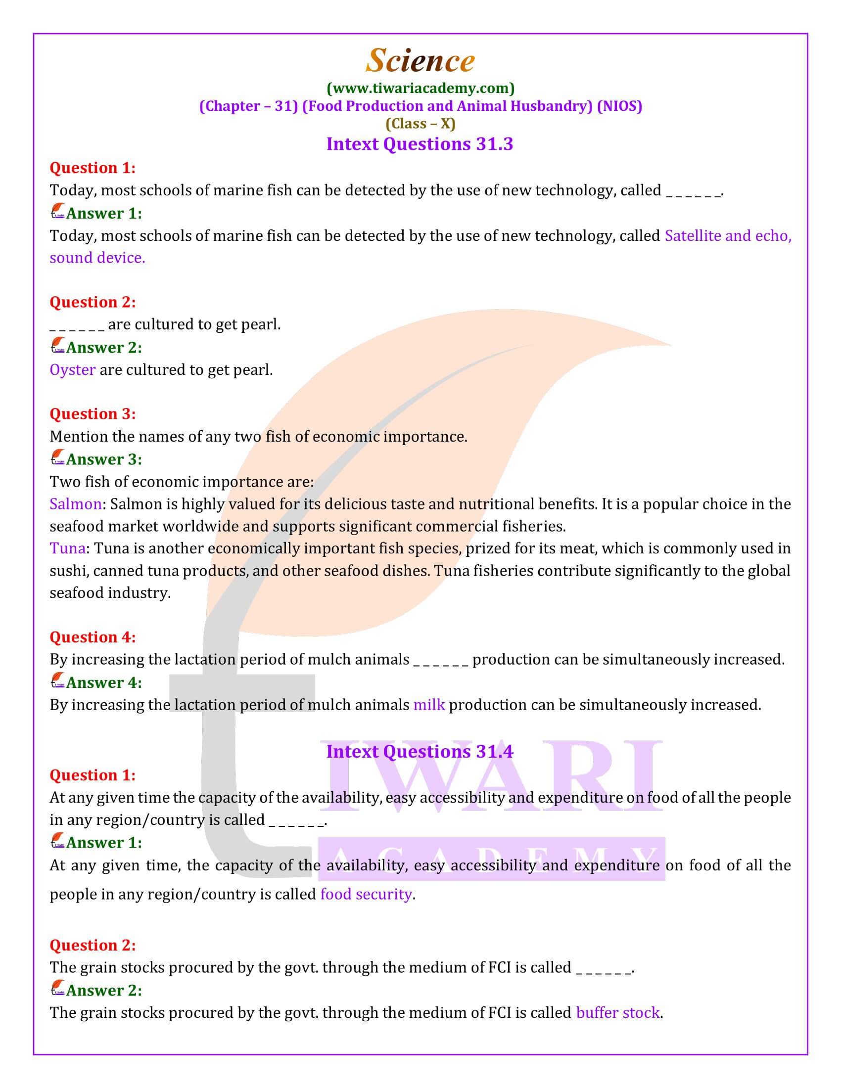 NIOS Class 10 Science Chapter 31 Food Production Answers
