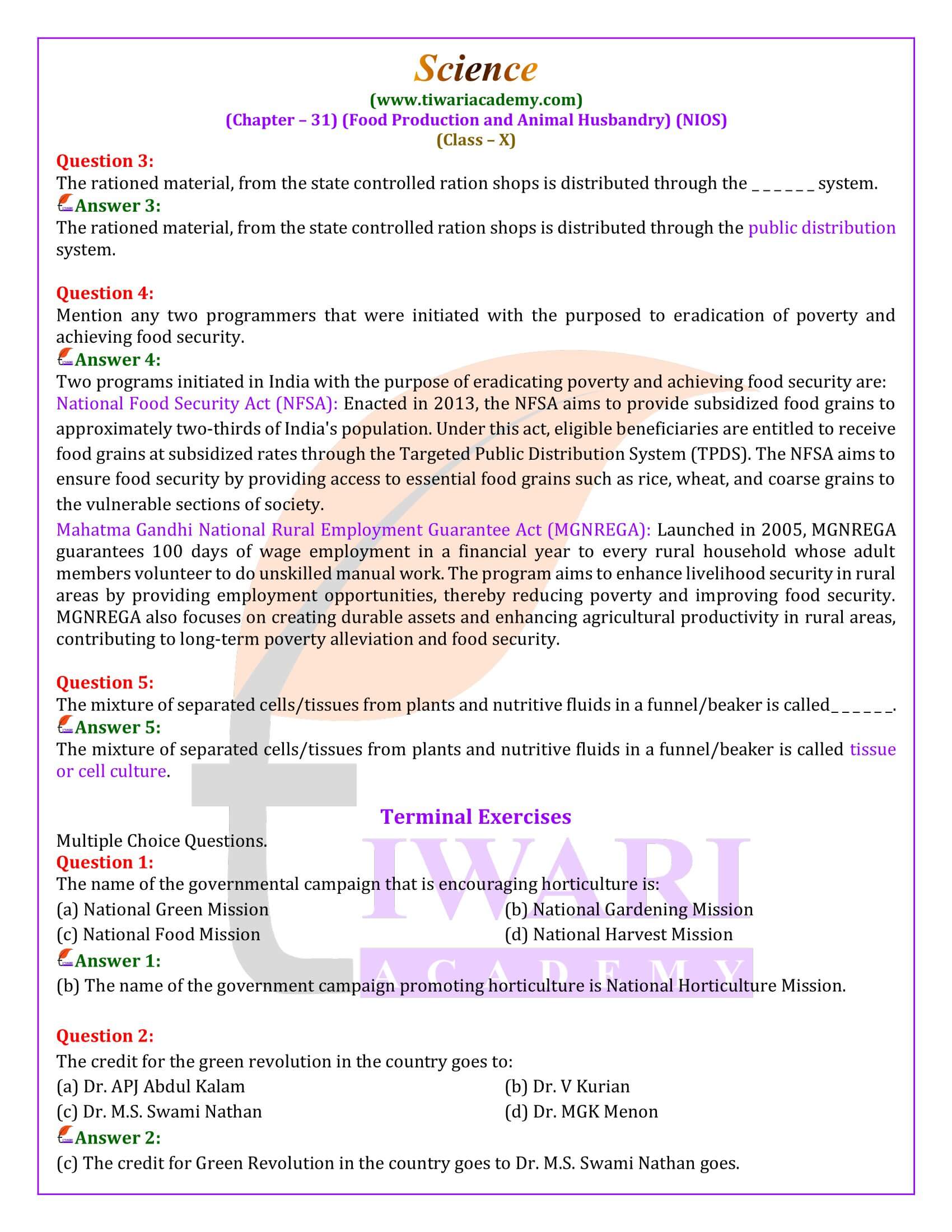 NIOS Class 10 Science Chapter 31 Food Production Exercises