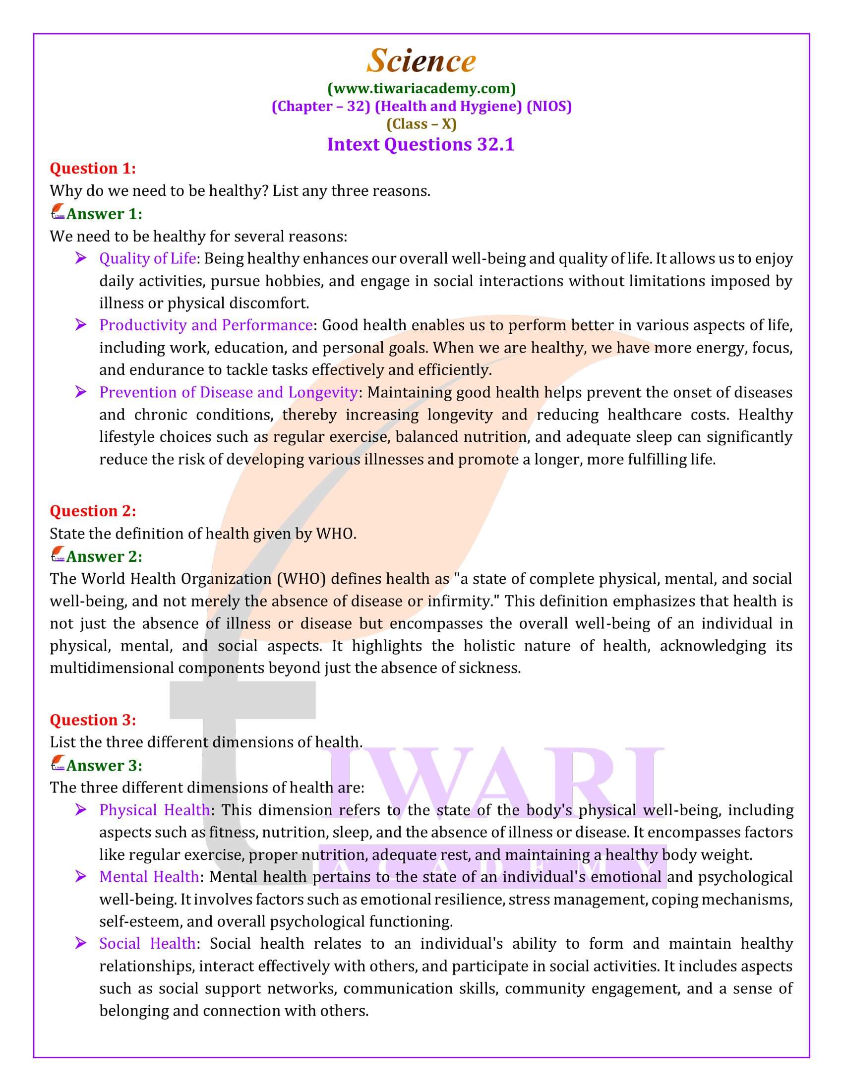 NIOS Class 10 Science Chapter 32 Health and Hygiene Solutions