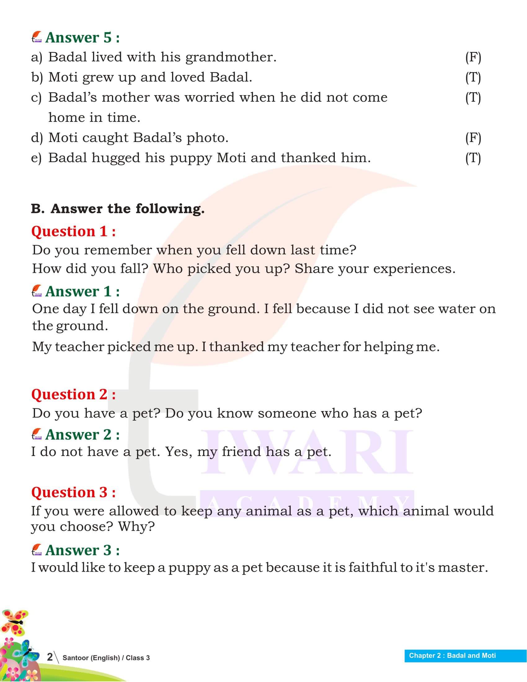 Class 3 English Santoor Chapter 2 Badal and Moti Solutions