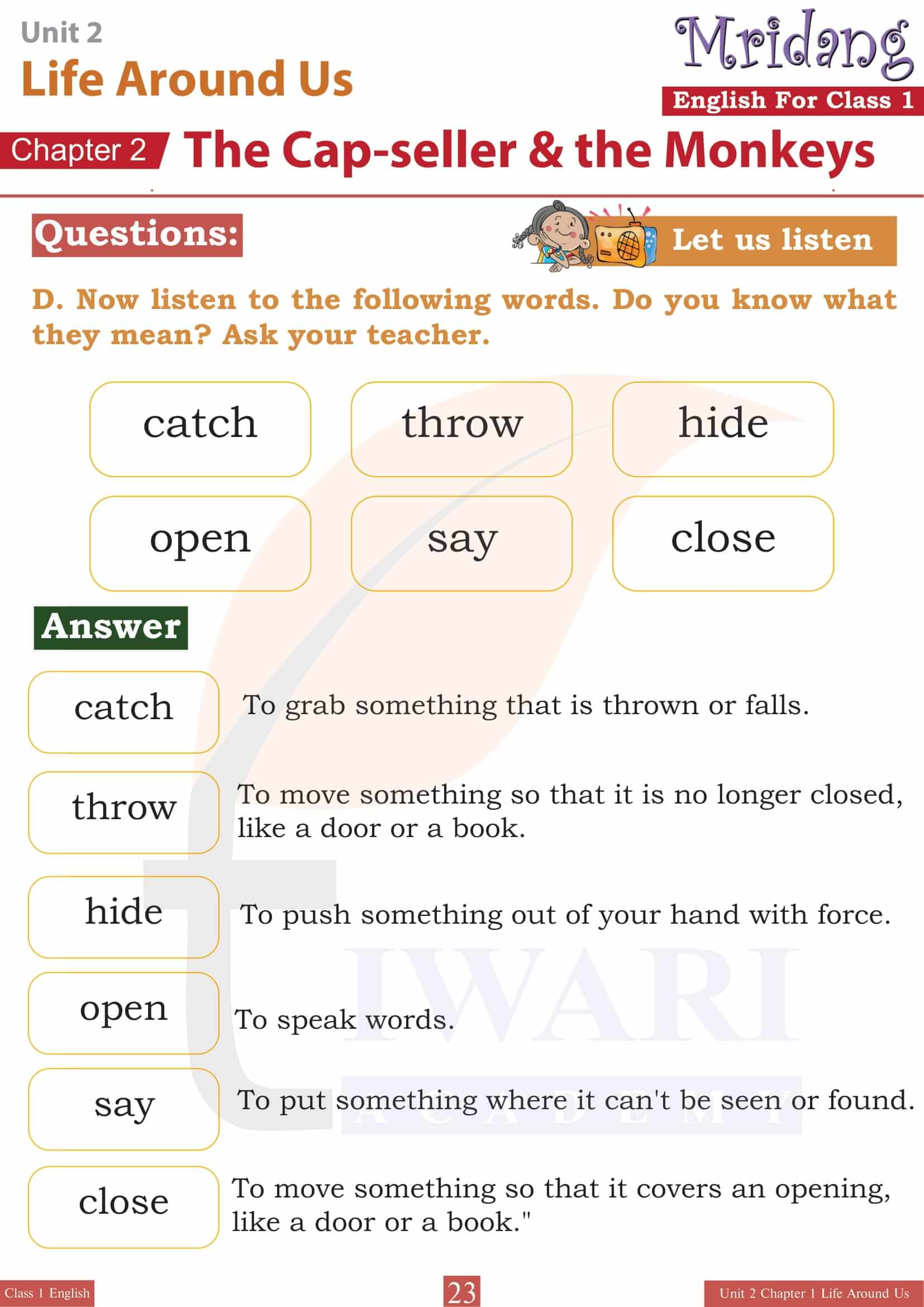 Class 1 English Mridang Unit 2 Chapter 2 Answers guide