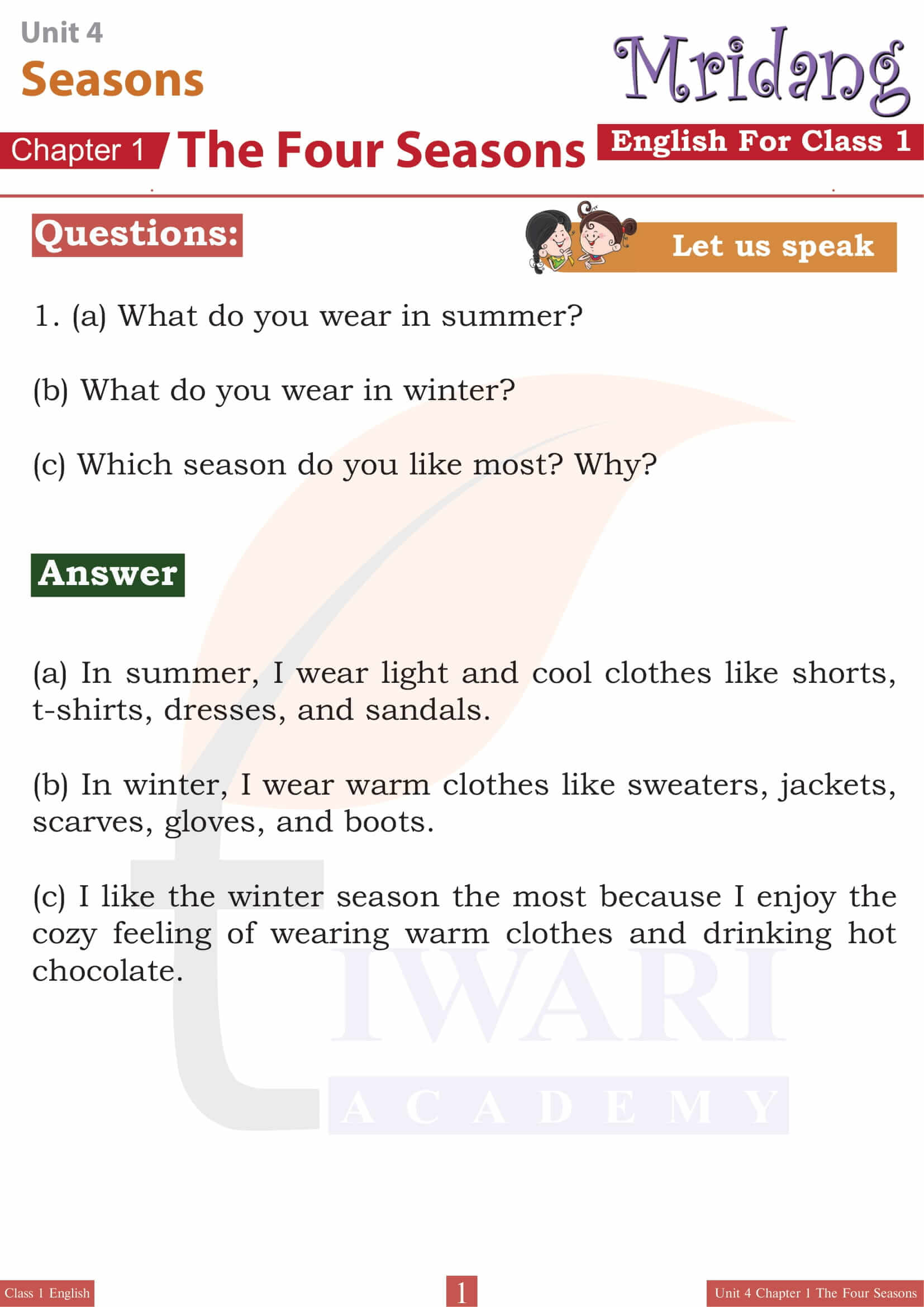 Class 1 English Mridang Unit 4 Seasons Chapter 1 The Four Seasons Solutions