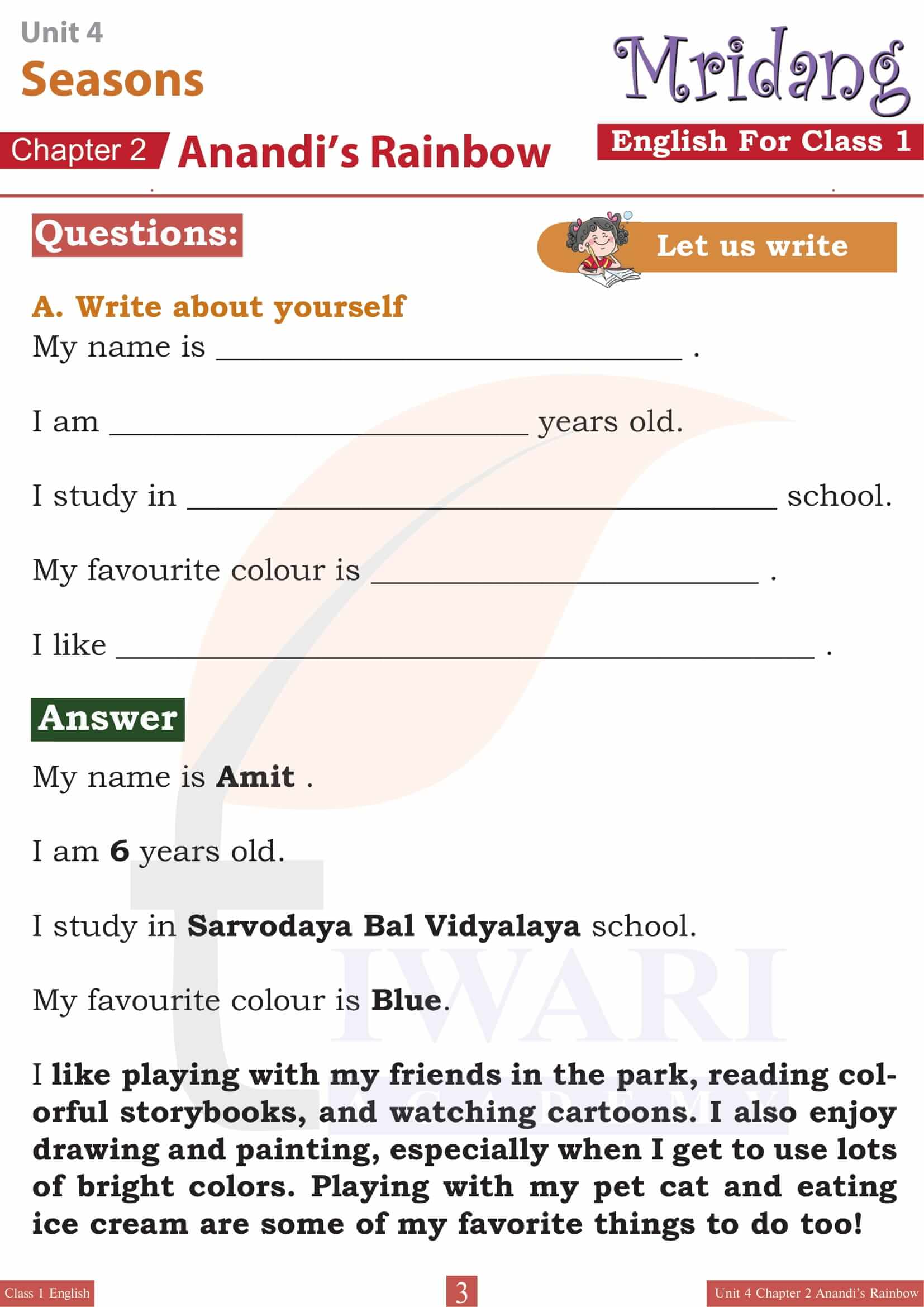 Class 1 English Mridang Unit 4 Seasons Chapter 2 Anandi’s Rainbow