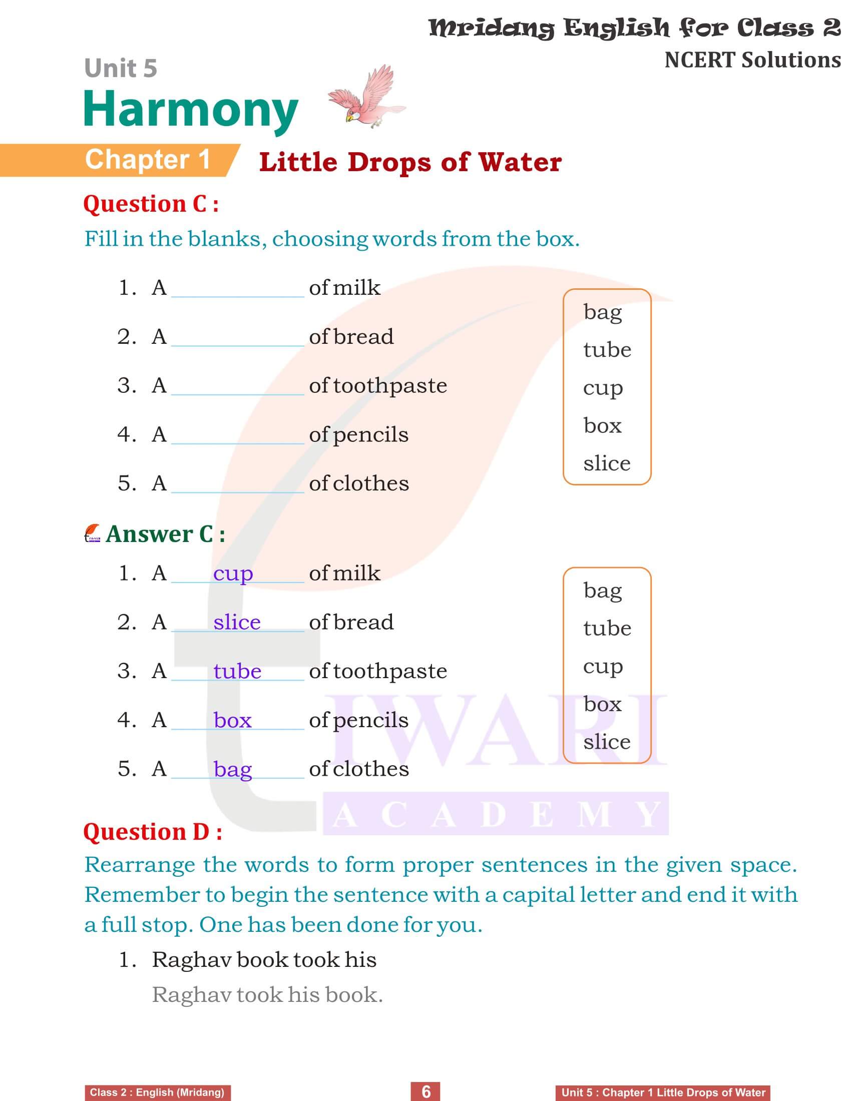 Class 2 English Mridang Unit 5 Harmony Chapter 1 Exercises