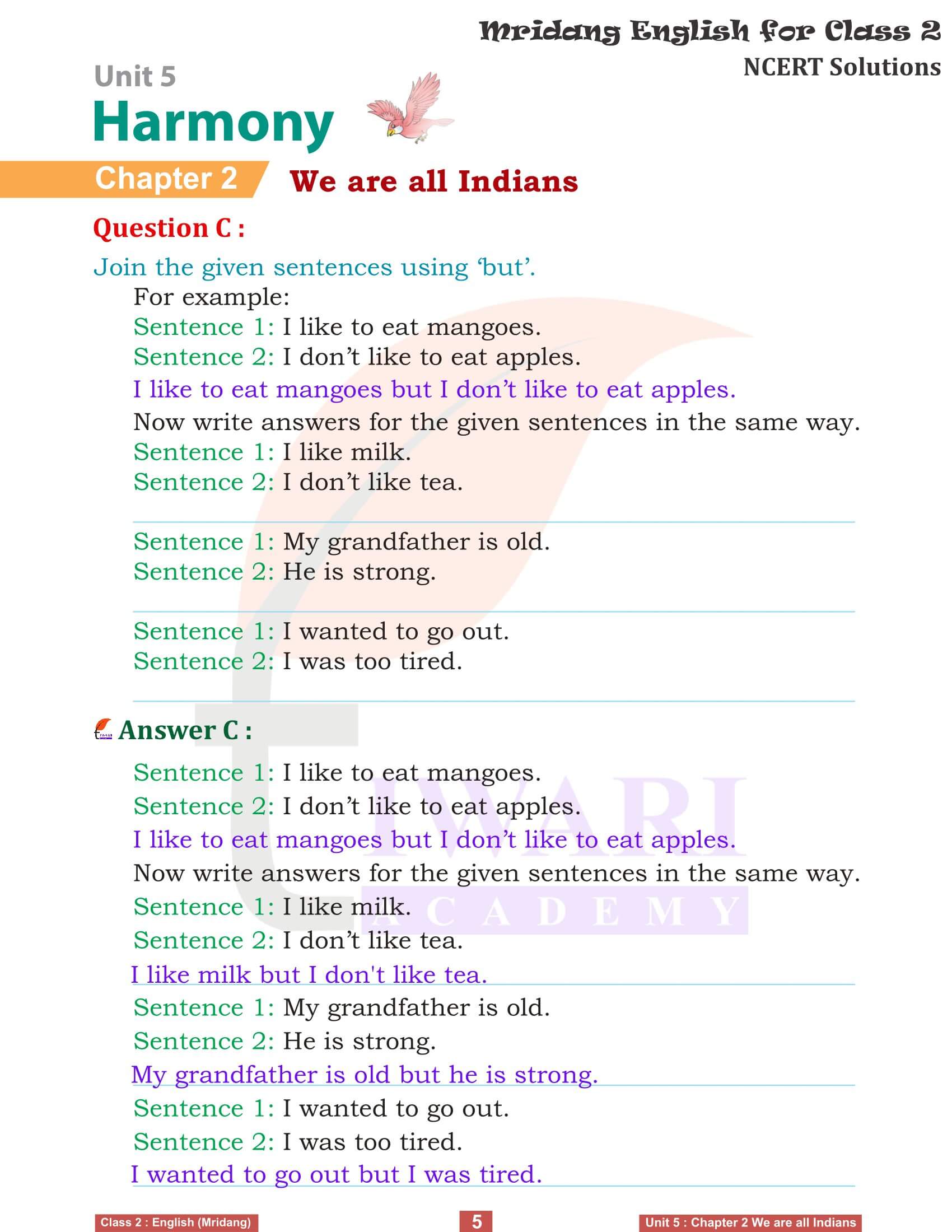 Class 2 English Mridang Unit 5 Harmony Chapter 2 all question answers