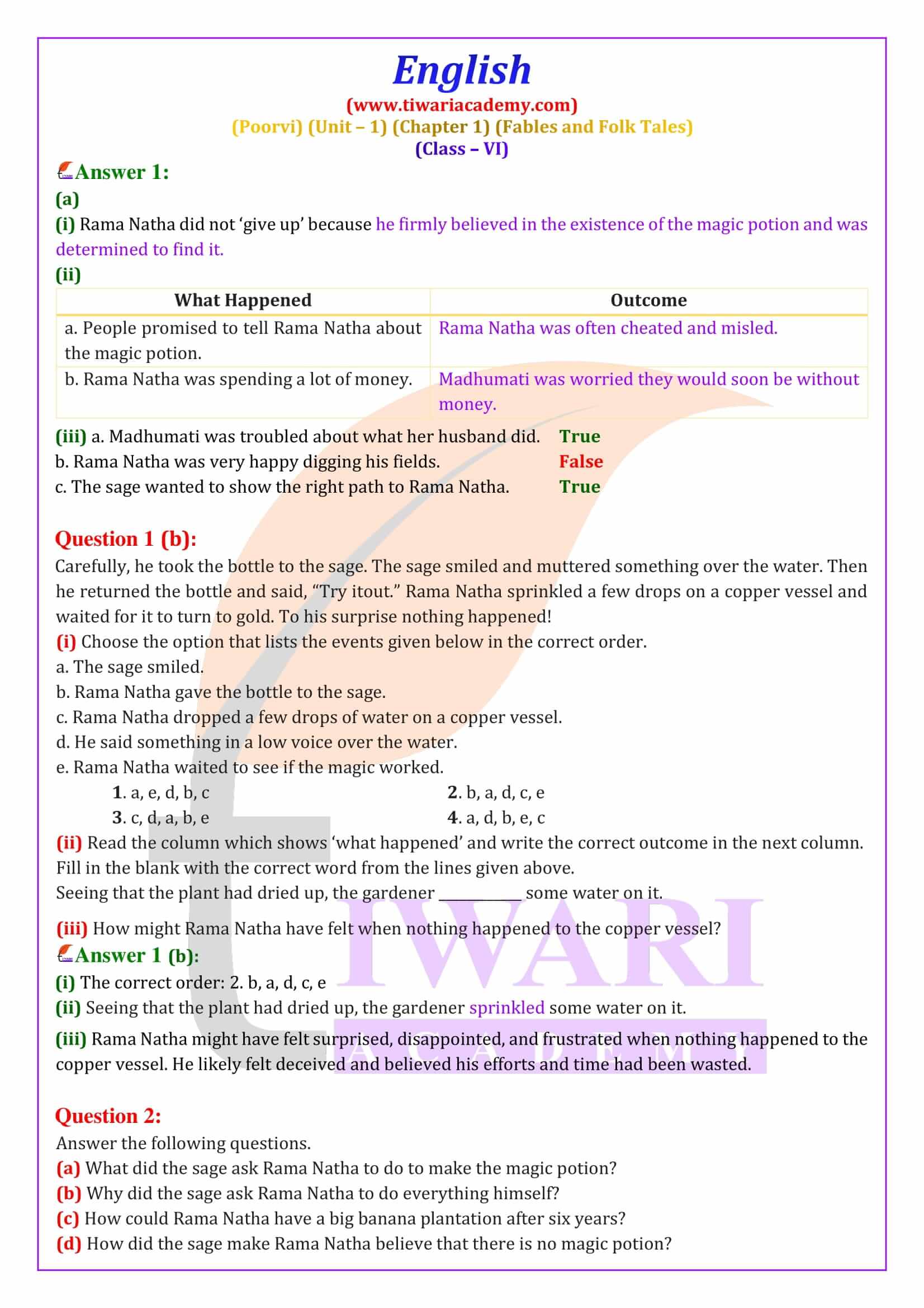 Class 6 English Poorvi Unit 1 Fables and Folk Tales Chapter 1 A Bottle of Dew Solutions
