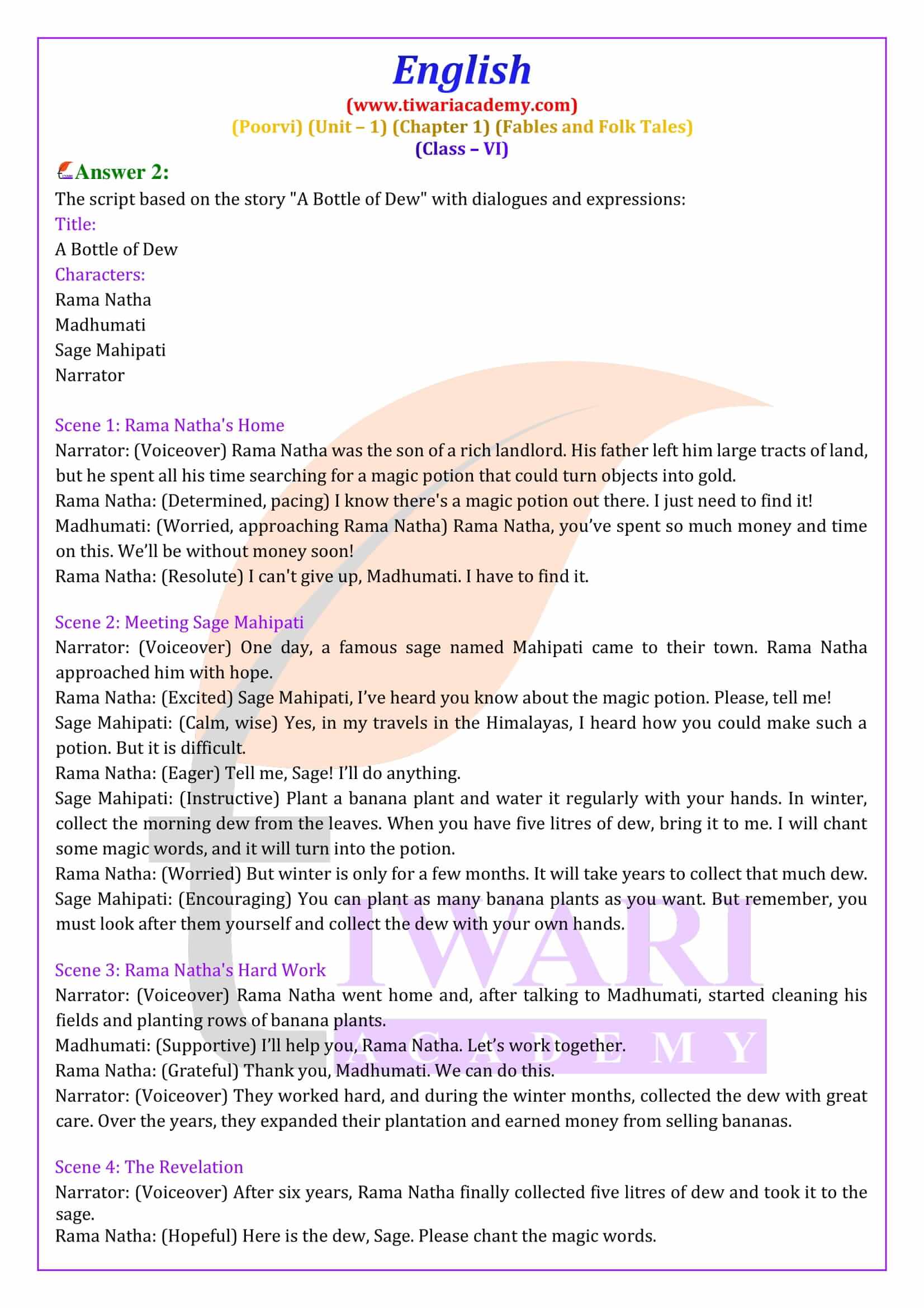 Class 6 English Poorvi Unit 1 Fables and Folk Tales Chapter 1 Exercises