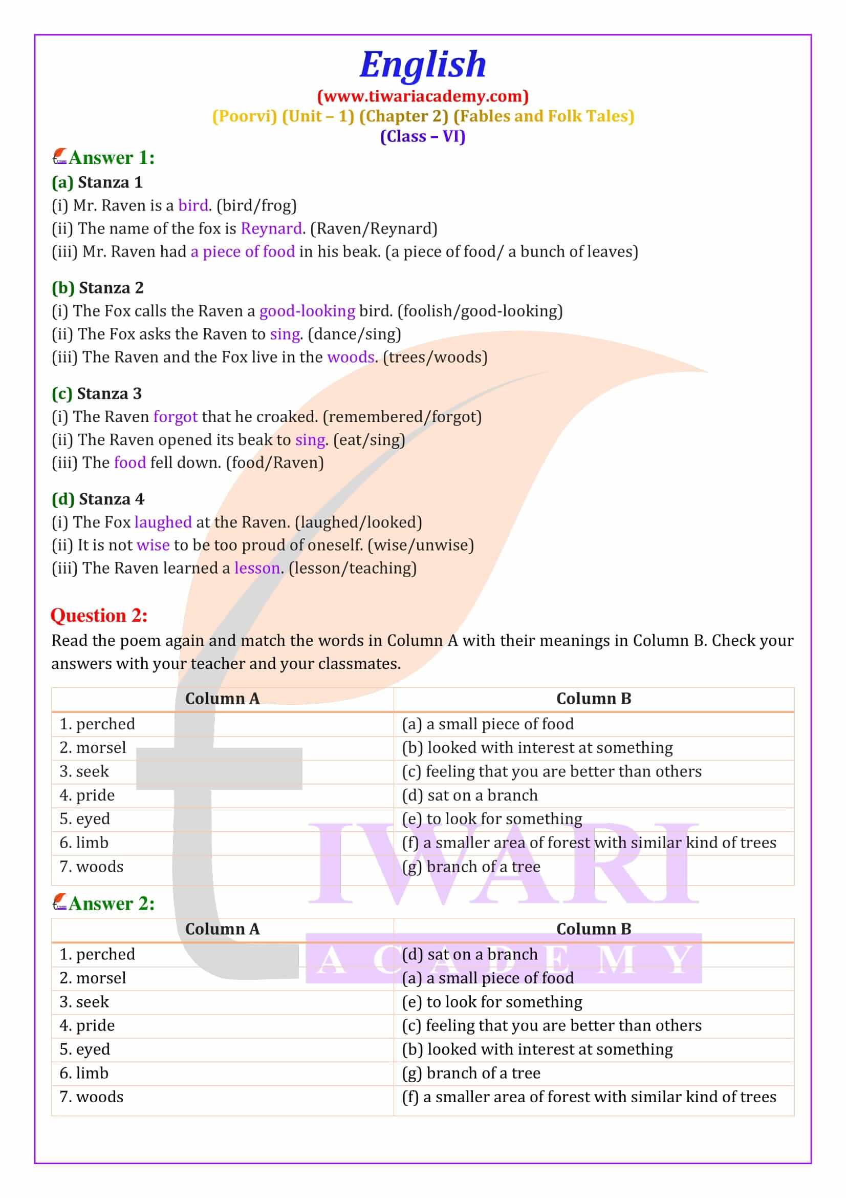 NCERT for Class 6 English Poorvi Unit 1 Fables and Folk Tales A Bottle of Chapter 2 The Raven and the Fox