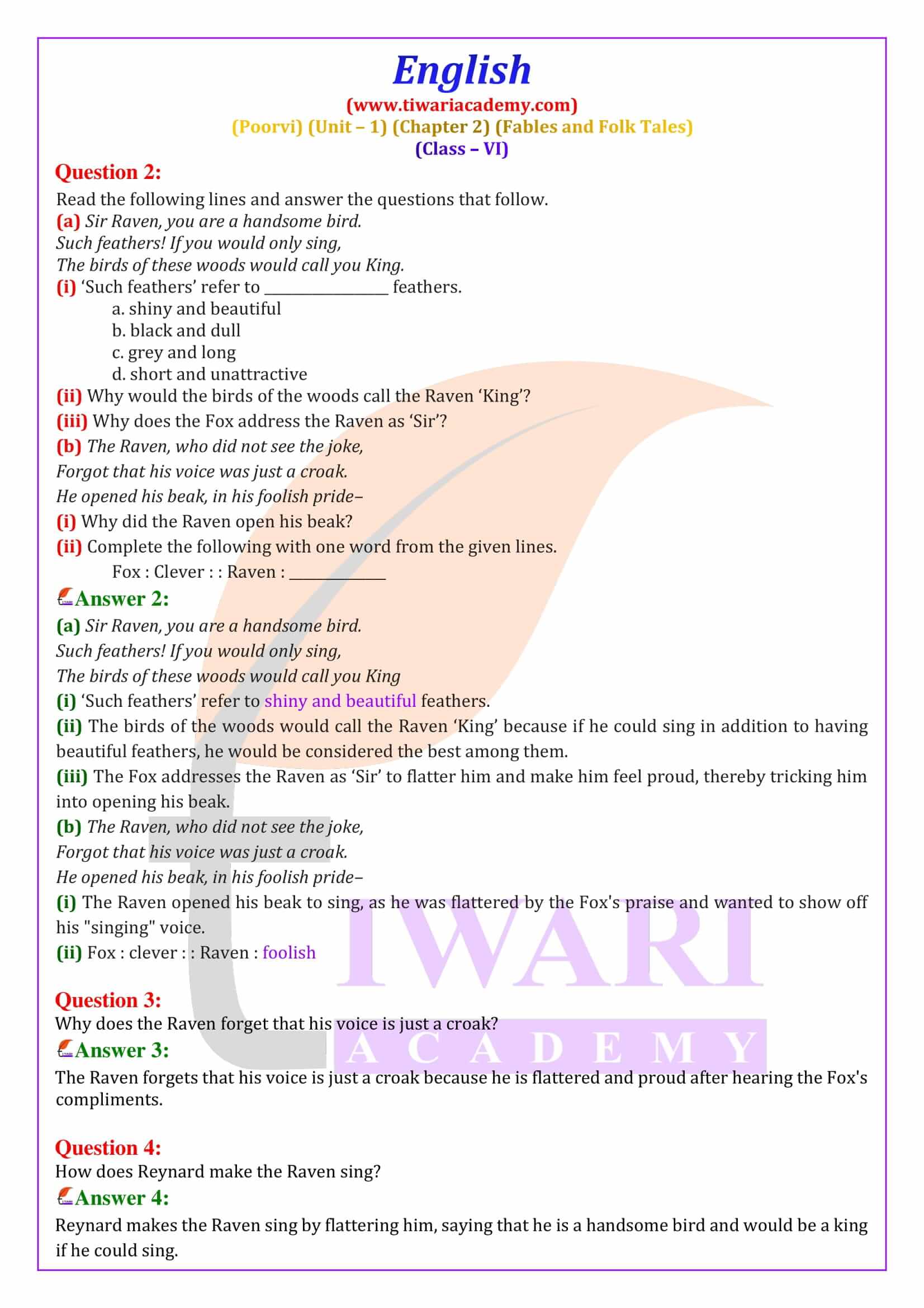 Class 6 English Poorvi Unit 1 Fables and Folk Tales A Bottle of Chapter 2 The Raven and the Fox Solutions