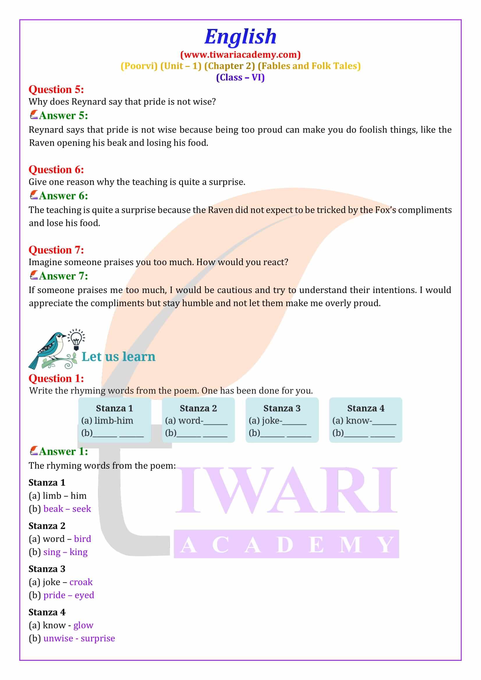 Class 6 English Poorvi Unit 1 Fables and Folk Tales A Bottle of Chapter 2 The Raven and the Fox Question Answers