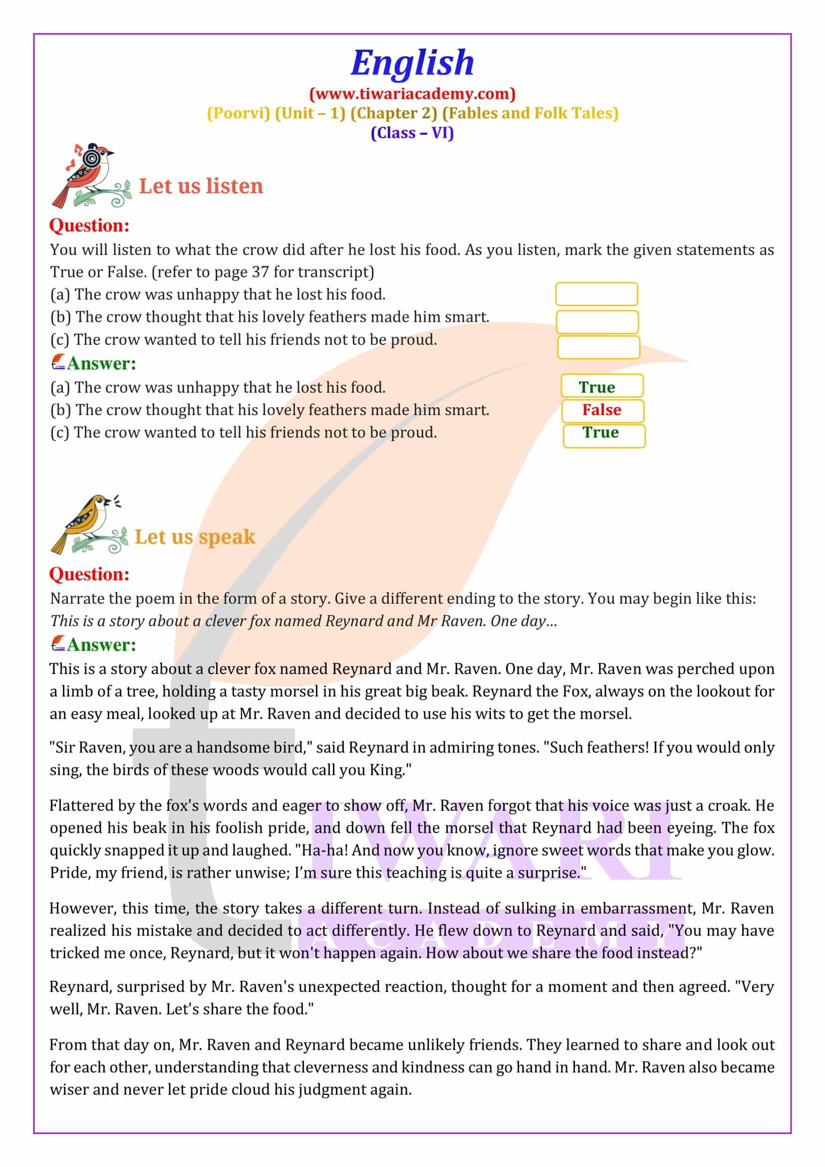 Class 6 English Poorvi Unit 1 Fables and Folk Tales A Bottle of Chapter 2