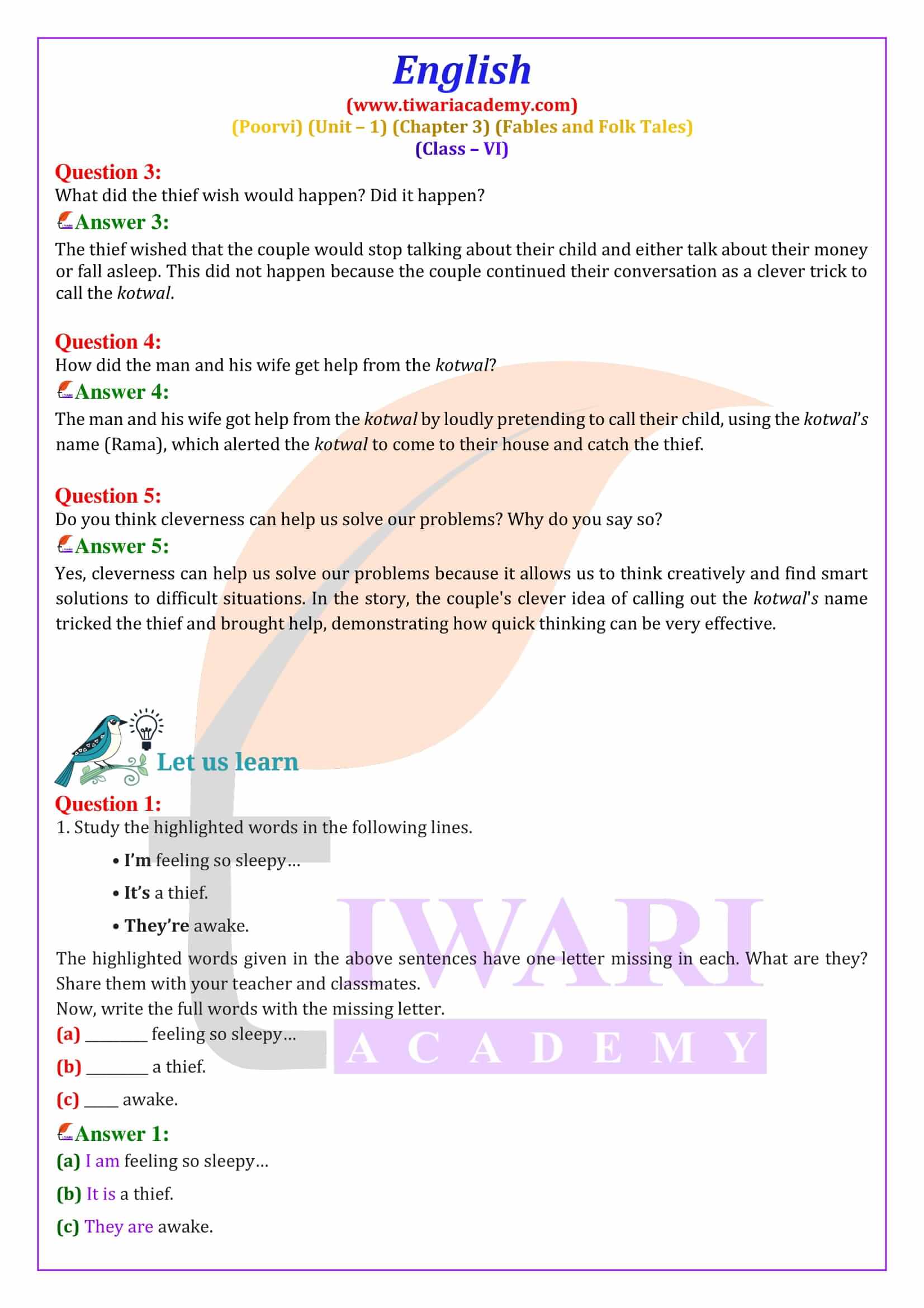 Class 6 English Poorvi Unit 1 Fables and Folk Tales Chapter 3