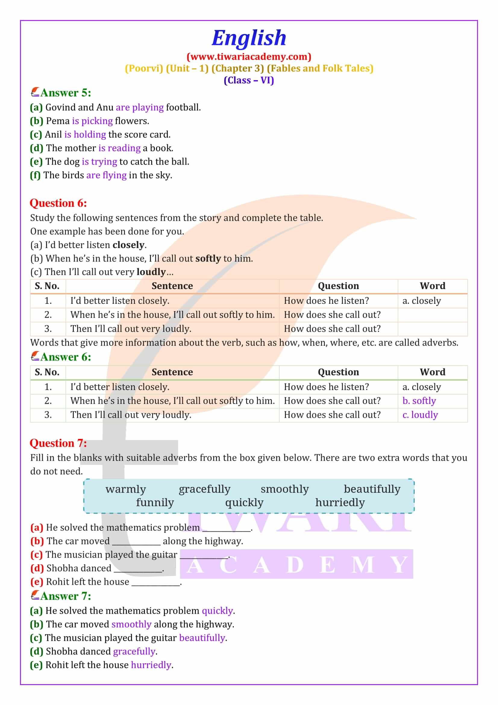 Class 6 English Poorvi Unit 1 Fables and Folk Tales Chapter 3 Answers