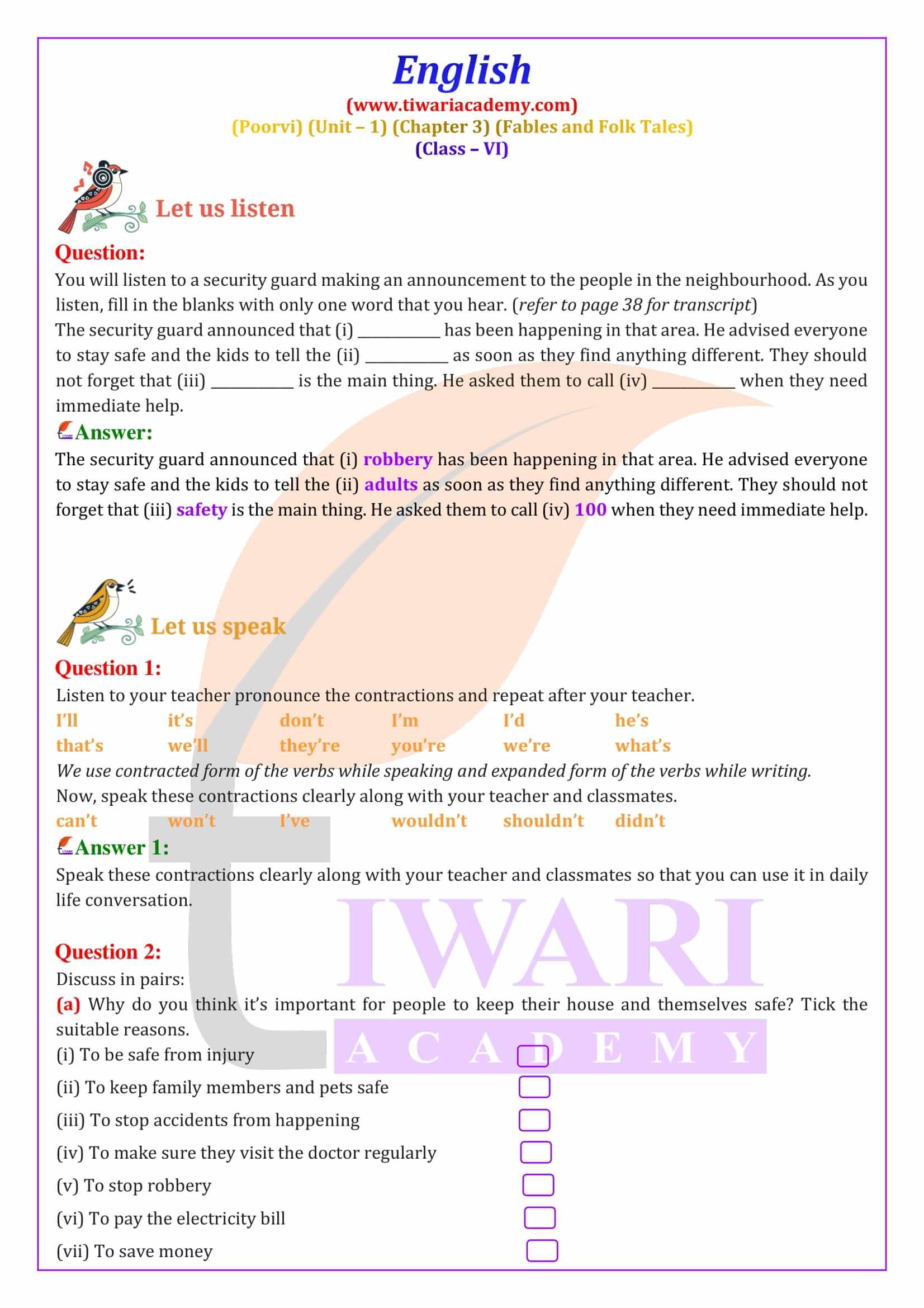 Class 6 English Poorvi Unit 1 Chapter 3 Answers