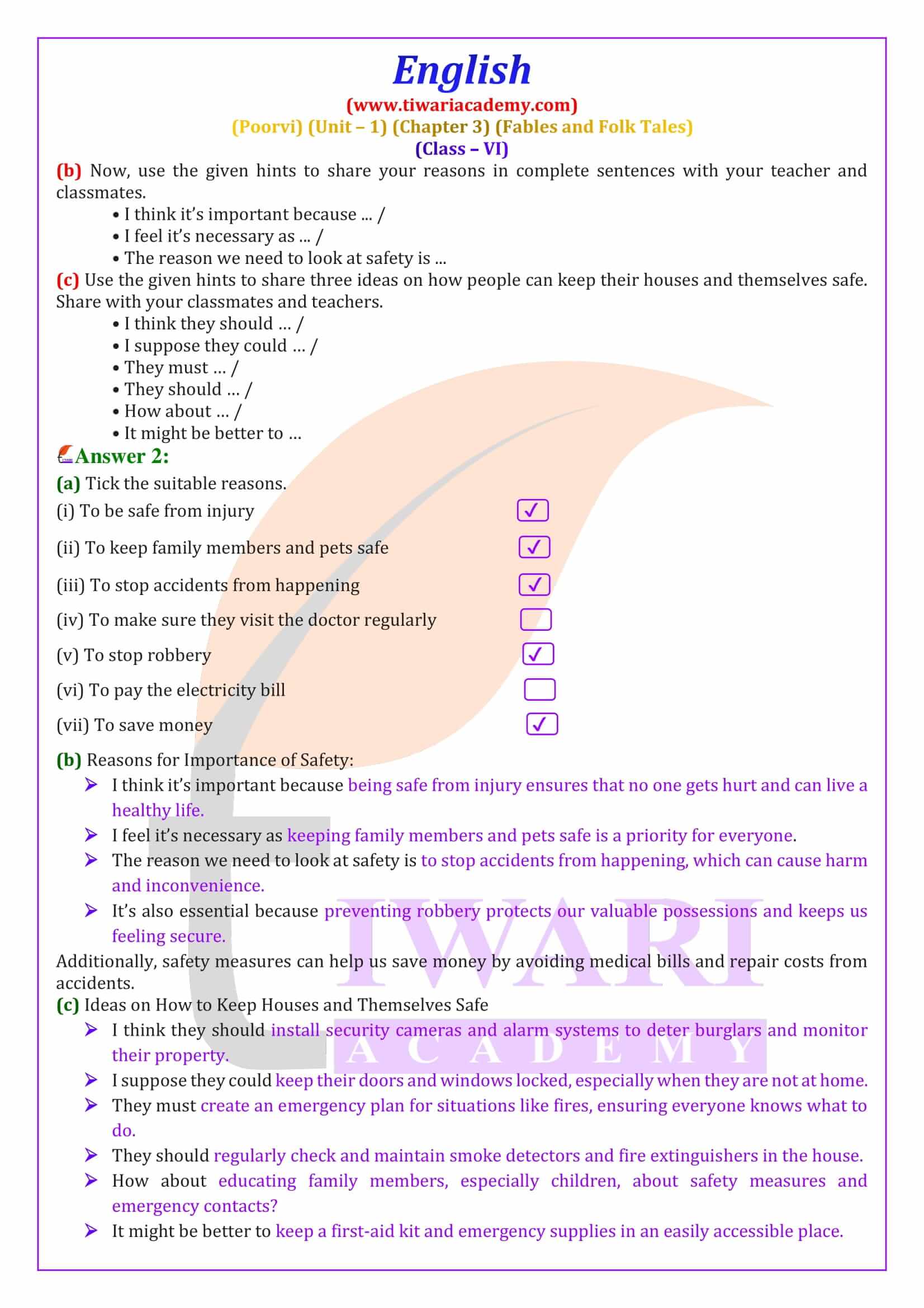 Class 6 English Poorvi Unit 1 Chapter 3 Exercises answers